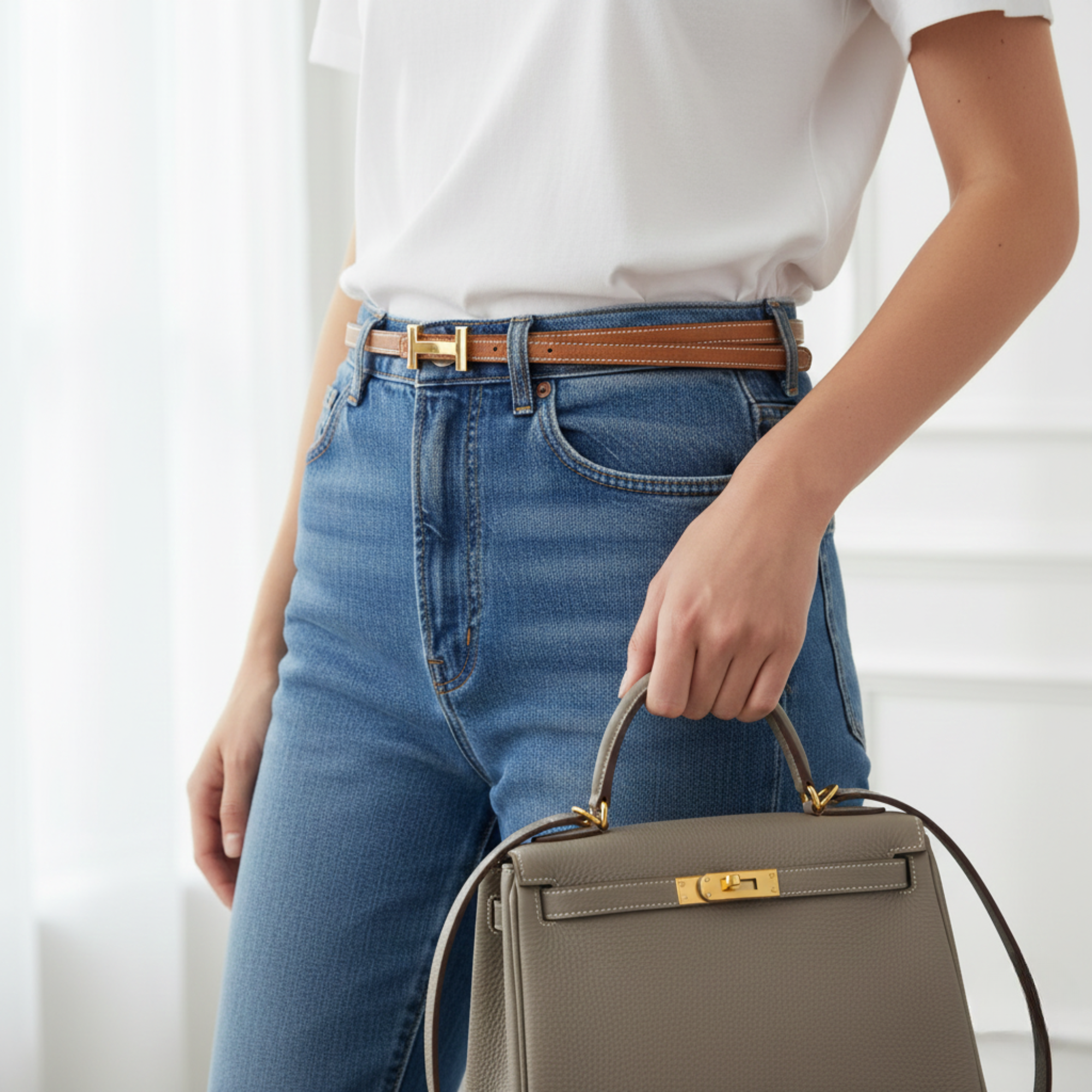 HELENE FOCUS REVERSIBLE LEATHER BELT — BRONZE & WHITE