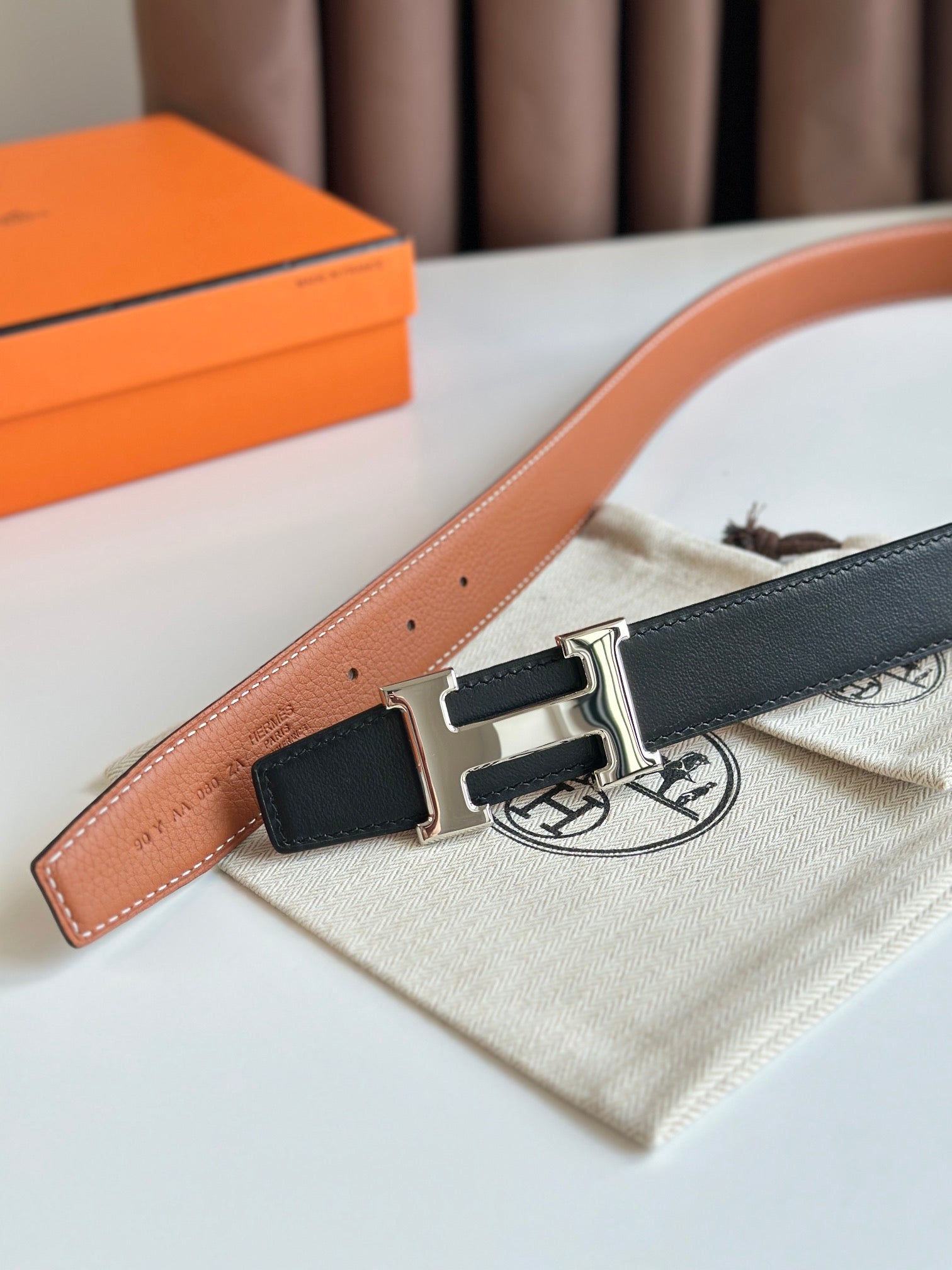 HELENE H REVERSIBLE LEATHER BELT — BROWN & BLACK (SILVER HARDWARE, 32MM)