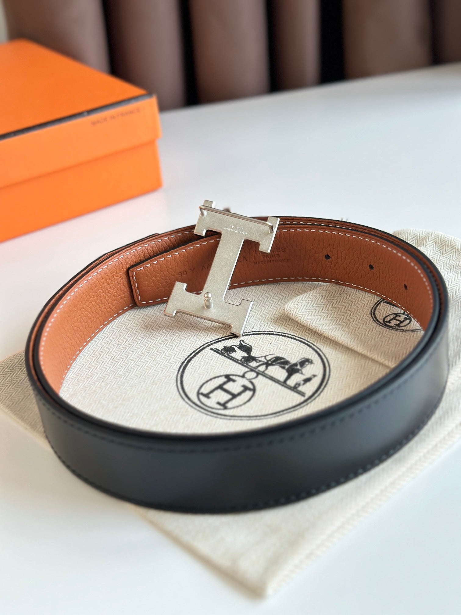 HELENE H REVERSIBLE LEATHER BELT — BROWN & BLACK (SILVER HARDWARE, 32MM)