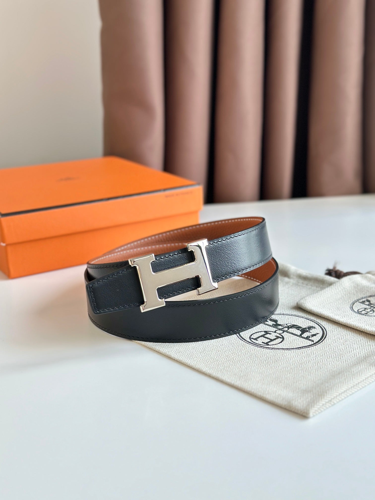 HELENE H REVERSIBLE LEATHER BELT — BROWN & BLACK (SILVER HARDWARE, 32MM)