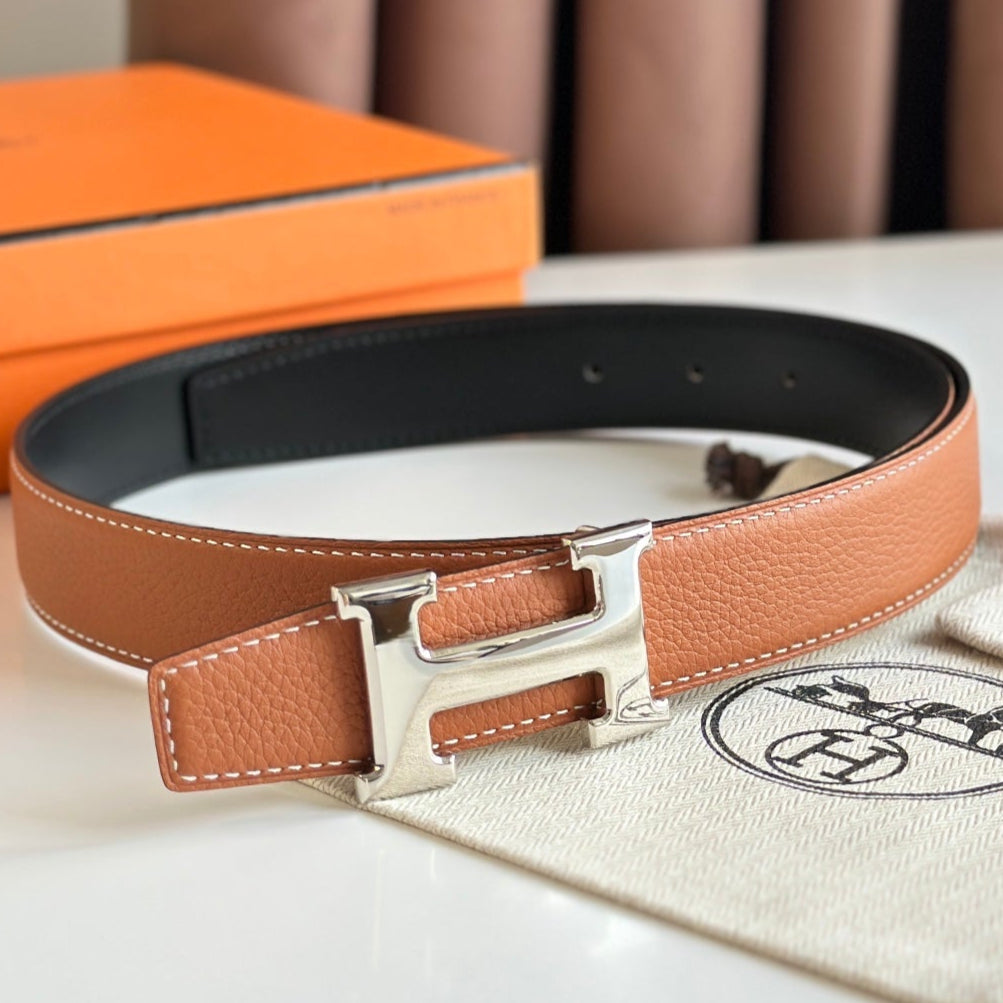 HELENE H REVERSIBLE LEATHER BELT — BROWN & BLACK (SILVER HARDWARE, 32MM)