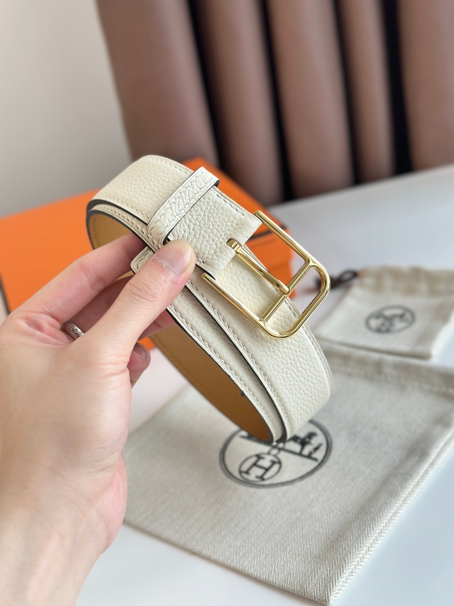 HELENE ROMAIN LEATHER BELT — WHITE CREAM (GOLD HARDWARE, 35MM)