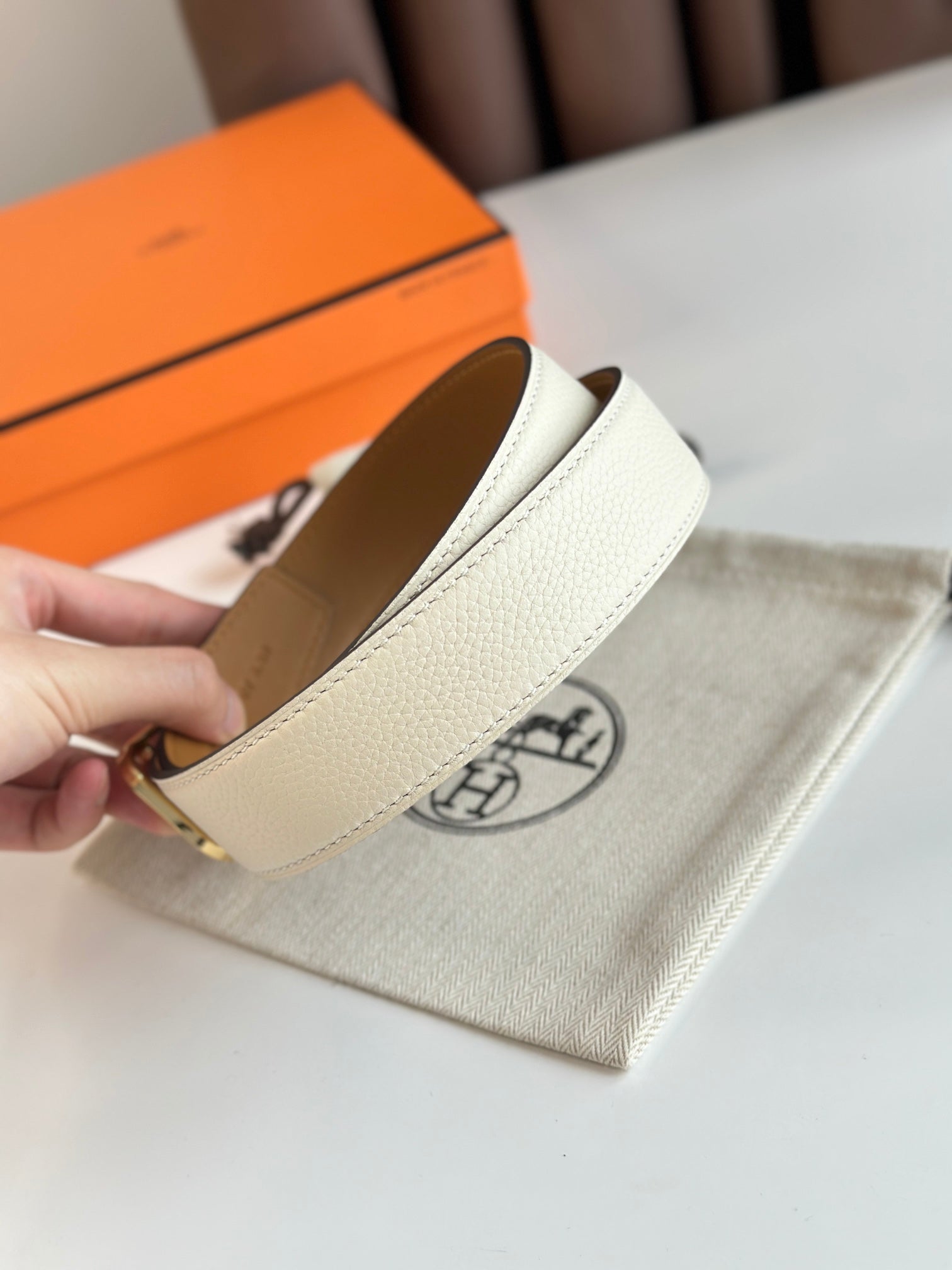 HELENE ROMAIN LEATHER BELT — WHITE CREAM (GOLD HARDWARE, 35MM)