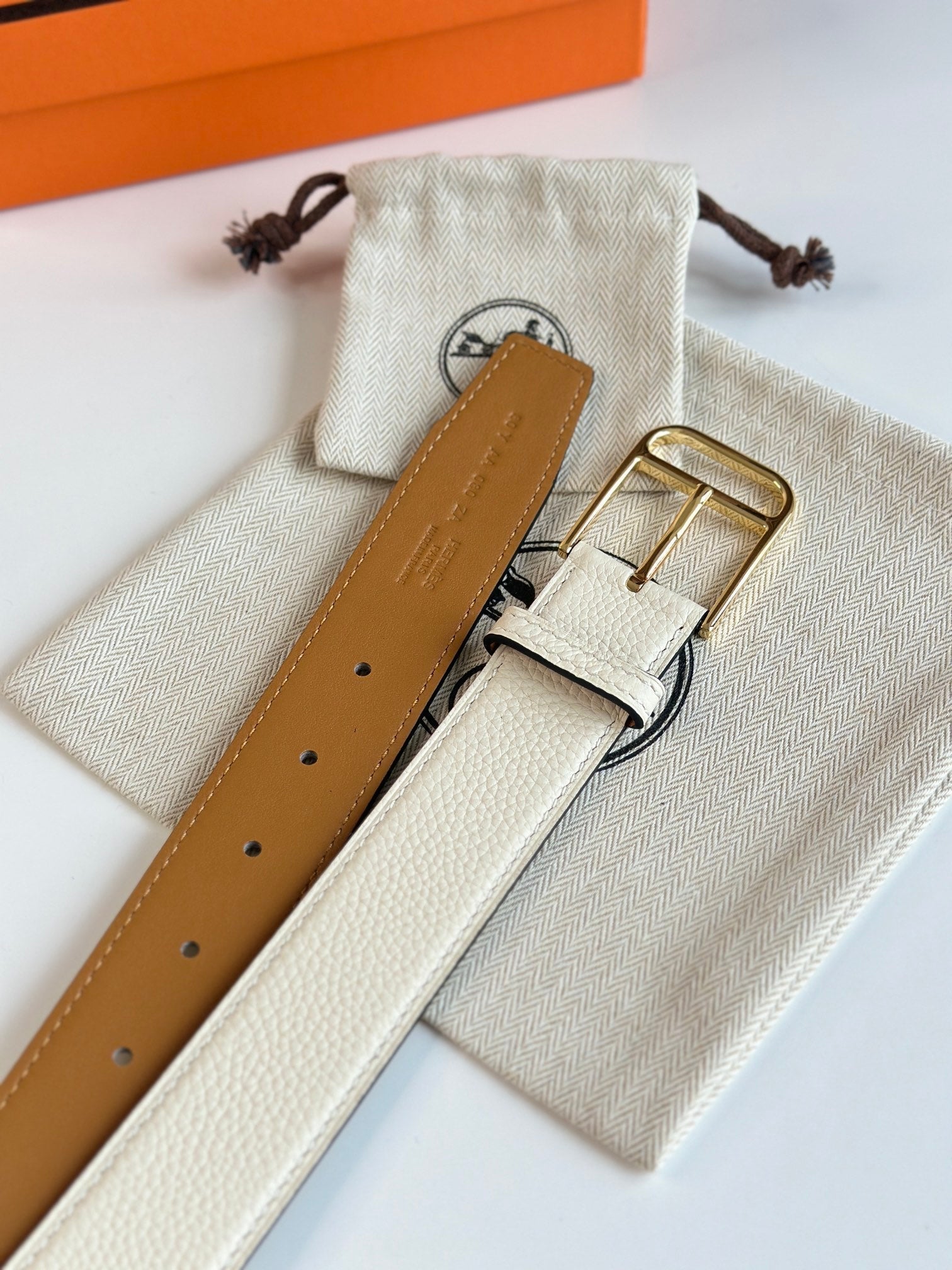 HELENE ROMAIN LEATHER BELT — WHITE CREAM (GOLD HARDWARE, 35MM)