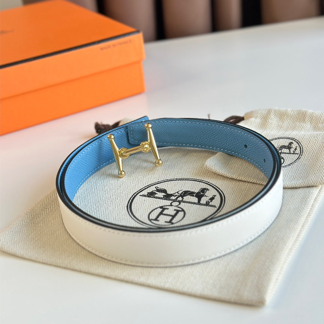 HELENE MORS H REVERSIBLE LEATHER BELT — BLUE & WHITE (GOLD HARDWARE, 24MM)