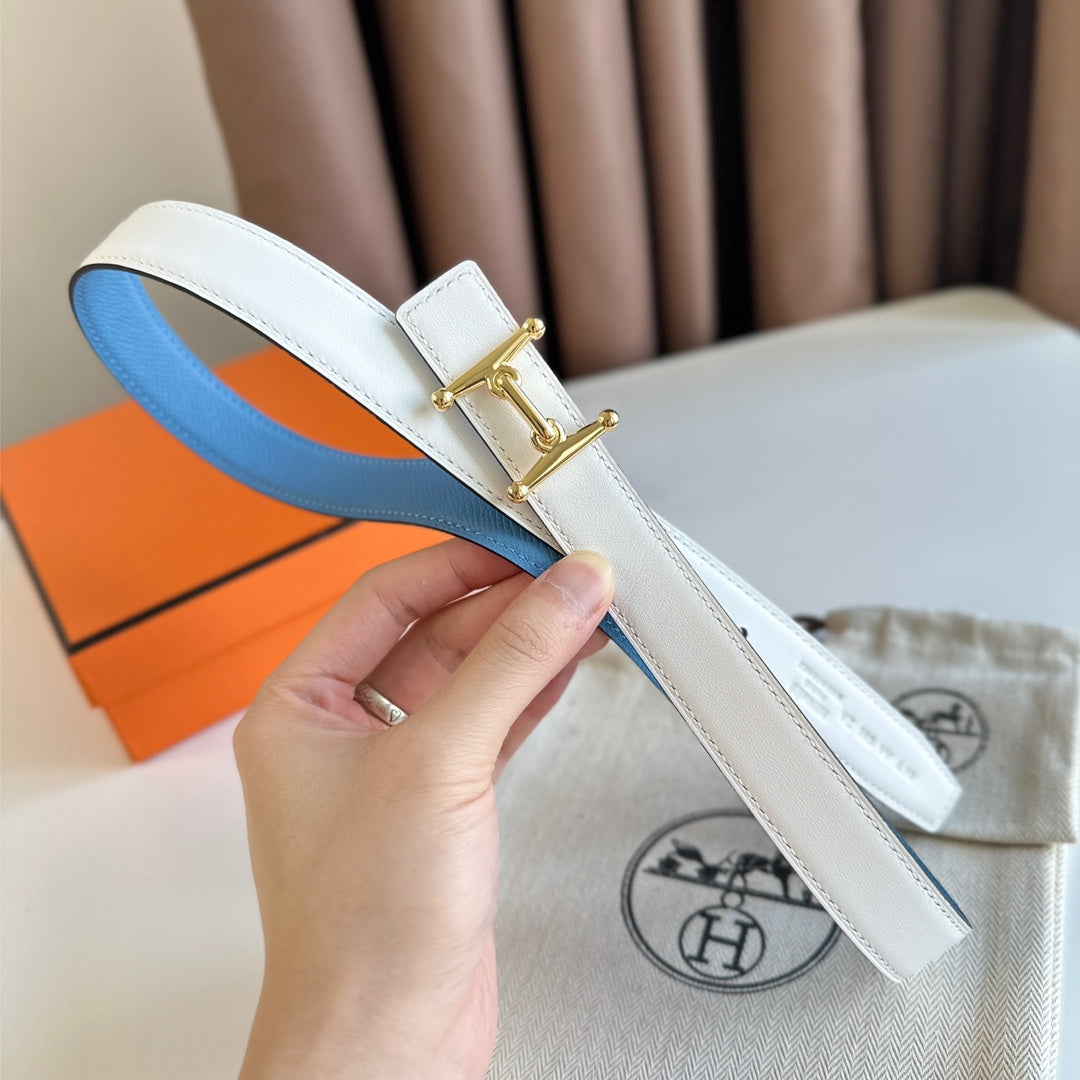 HELENE MORS H REVERSIBLE LEATHER BELT — BLUE & WHITE (GOLD HARDWARE, 24MM)