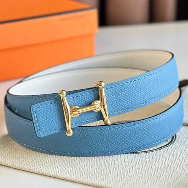 HELENE MORS H REVERSIBLE LEATHER BELT — BLUE & WHITE (GOLD HARDWARE, 24MM)