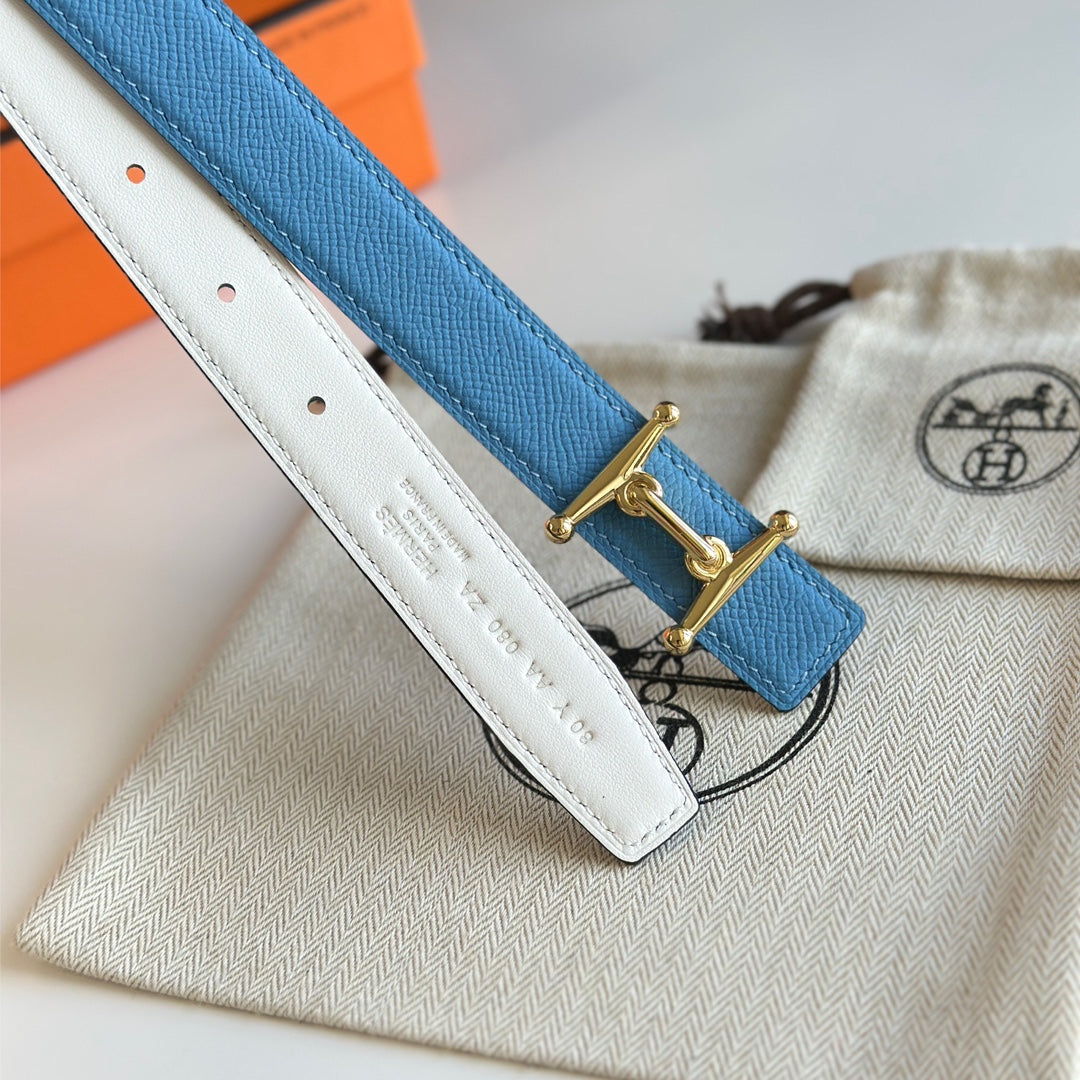 HELENE MORS H REVERSIBLE LEATHER BELT — BLUE & WHITE (GOLD HARDWARE, 24MM)