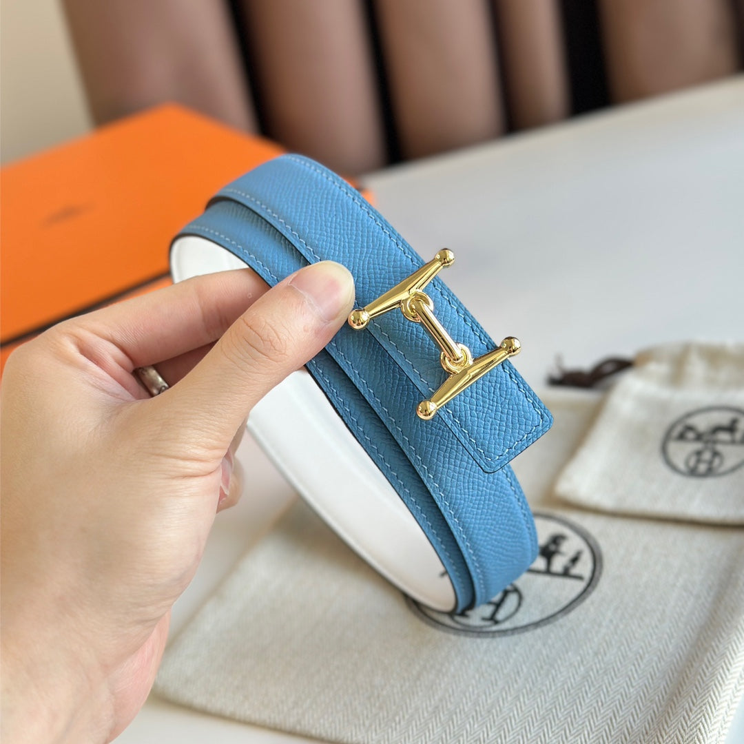 HELENE MORS H REVERSIBLE LEATHER BELT — BLUE & WHITE (GOLD HARDWARE, 24MM)