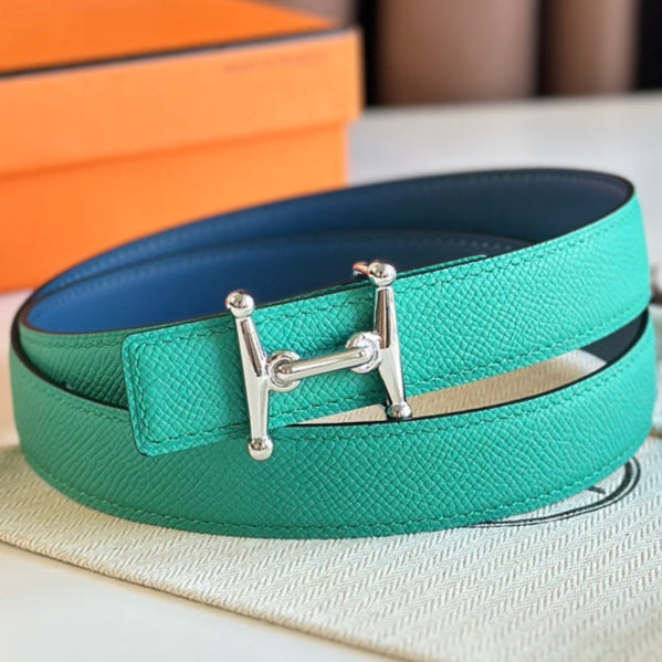 HELENE MORS H REVERSIBLE LEATHER BELT — BLUE & GREEN (SILVER HARDWARE, 24MM)
