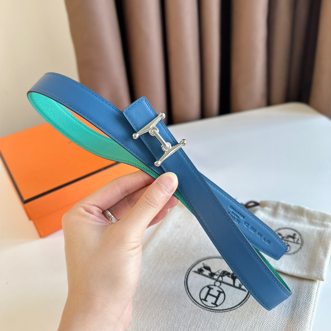 HELENE MORS H REVERSIBLE LEATHER BELT — BLUE & GREEN (SILVER HARDWARE, 24MM)