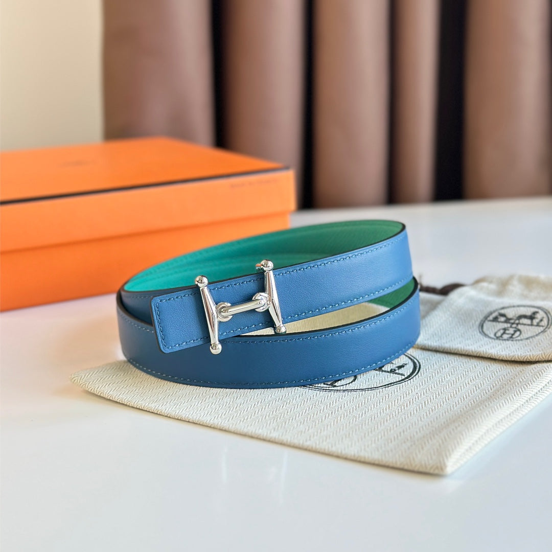 HELENE MORS H REVERSIBLE LEATHER BELT — BLUE & GREEN (SILVER HARDWARE, 24MM)