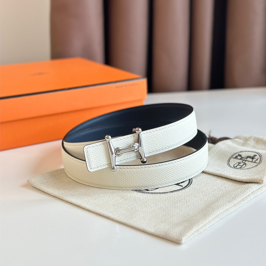 HELENE MORS H REVERSIBLE LEATHER BELT — BLUE & BEIGE (SILVER HARDWARE, 24MM)