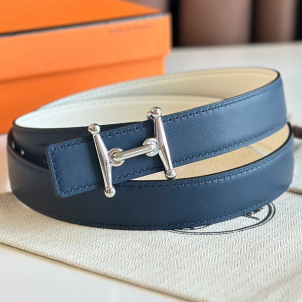 HELENE MORS H REVERSIBLE LEATHER BELT — BLUE & BEIGE (SILVER HARDWARE, 24MM)
