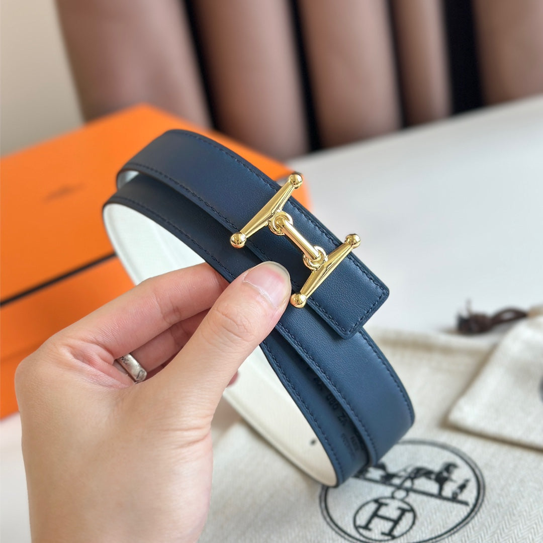 HELENE MORS H REVERSIBLE LEATHER BELT — BLUE & BEIGE (GOLD HARDWARE, 24MM)