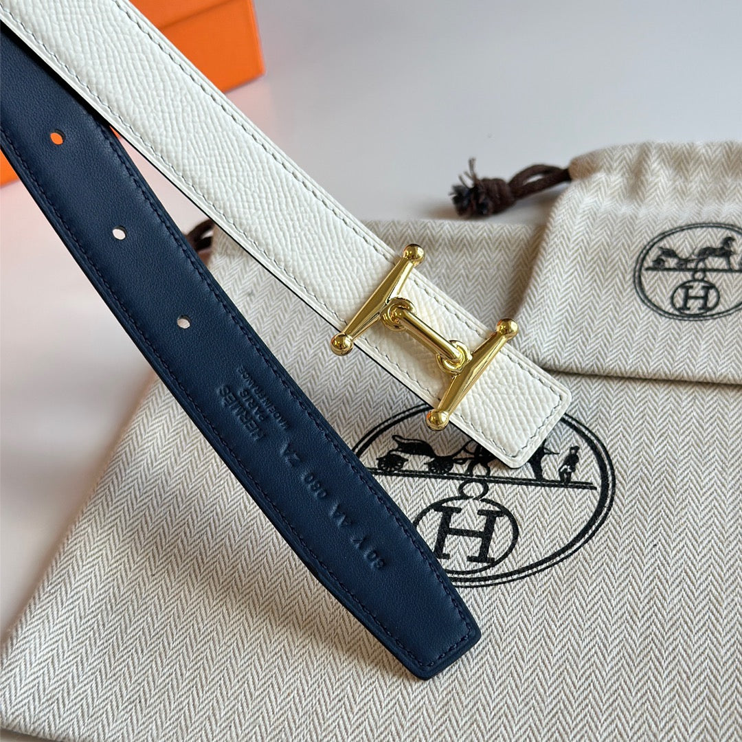 HELENE MORS H REVERSIBLE LEATHER BELT — BLUE & BEIGE (GOLD HARDWARE, 24MM)