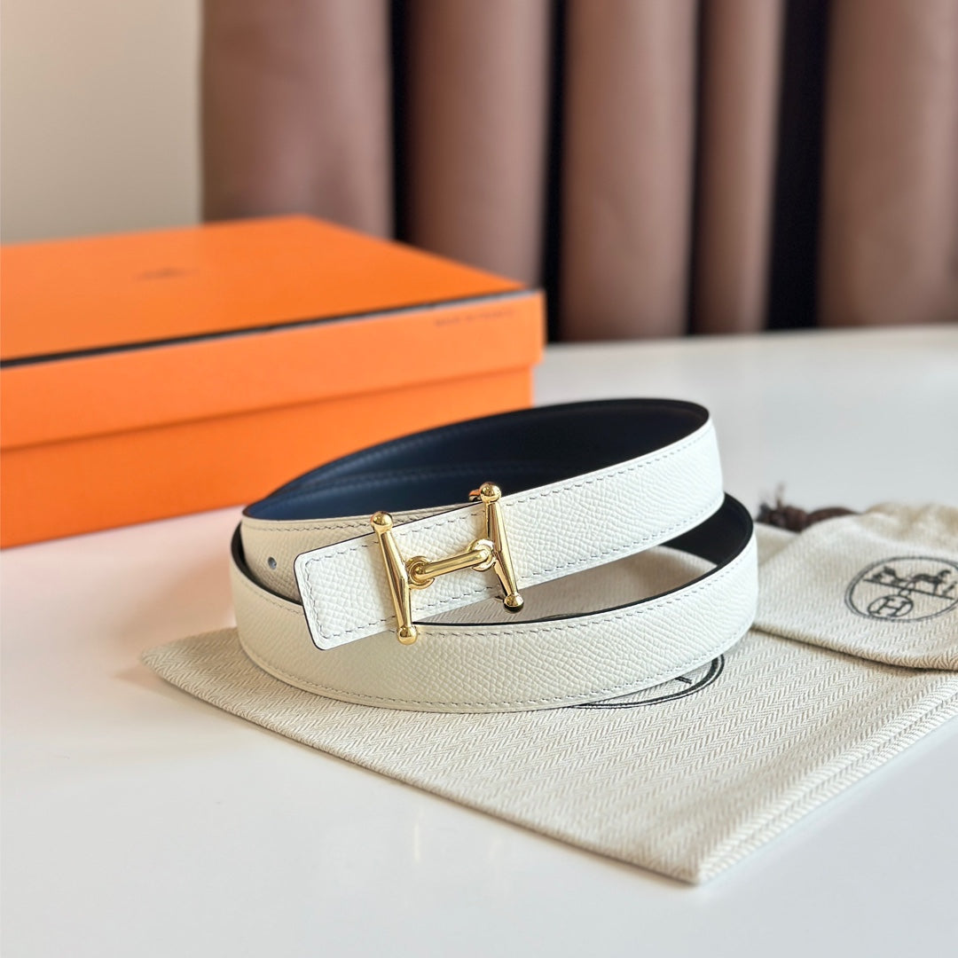 HELENE MORS H REVERSIBLE LEATHER BELT — BLUE & BEIGE (GOLD HARDWARE, 24MM)