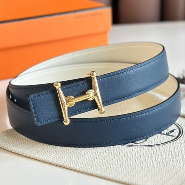 HELENE MORS H REVERSIBLE LEATHER BELT — BLUE & BEIGE (GOLD HARDWARE, 24MM)