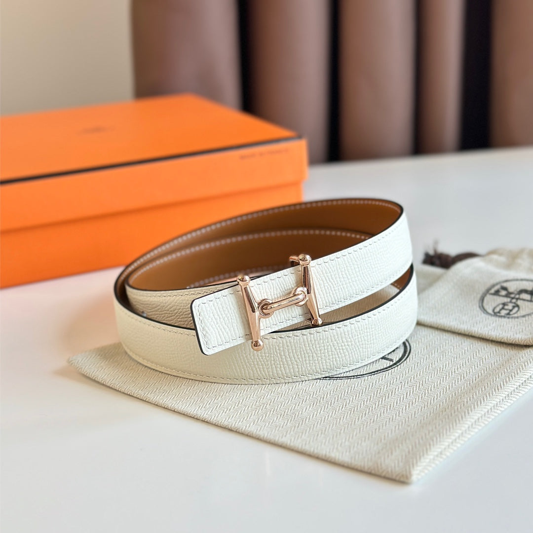 HELENE MORS H REVERSIBLE LEATHER BELT — BROWN & WHITE (PINK GOLD HARDWARE, 24MM)