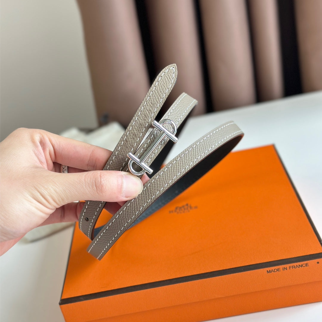 HELENE GAMMA REVERSIBLE LEATHER BELT — KHAKI BROWN & BLACK (SILVER HARDWARE)