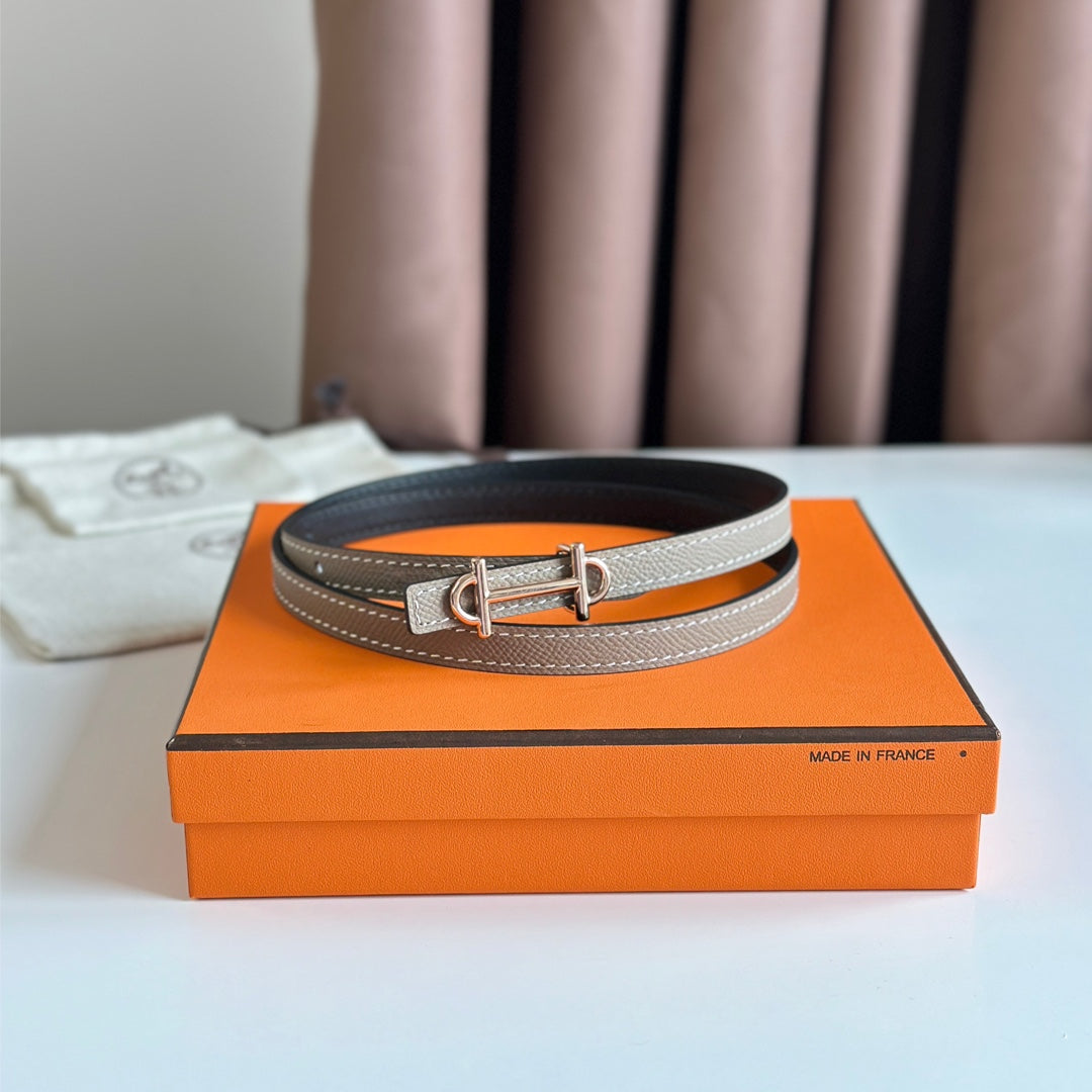 HELENE GAMMA REVERSIBLE LEATHER BELT — KHAKI BROWN & BLACK (COPPER HARDWARE)