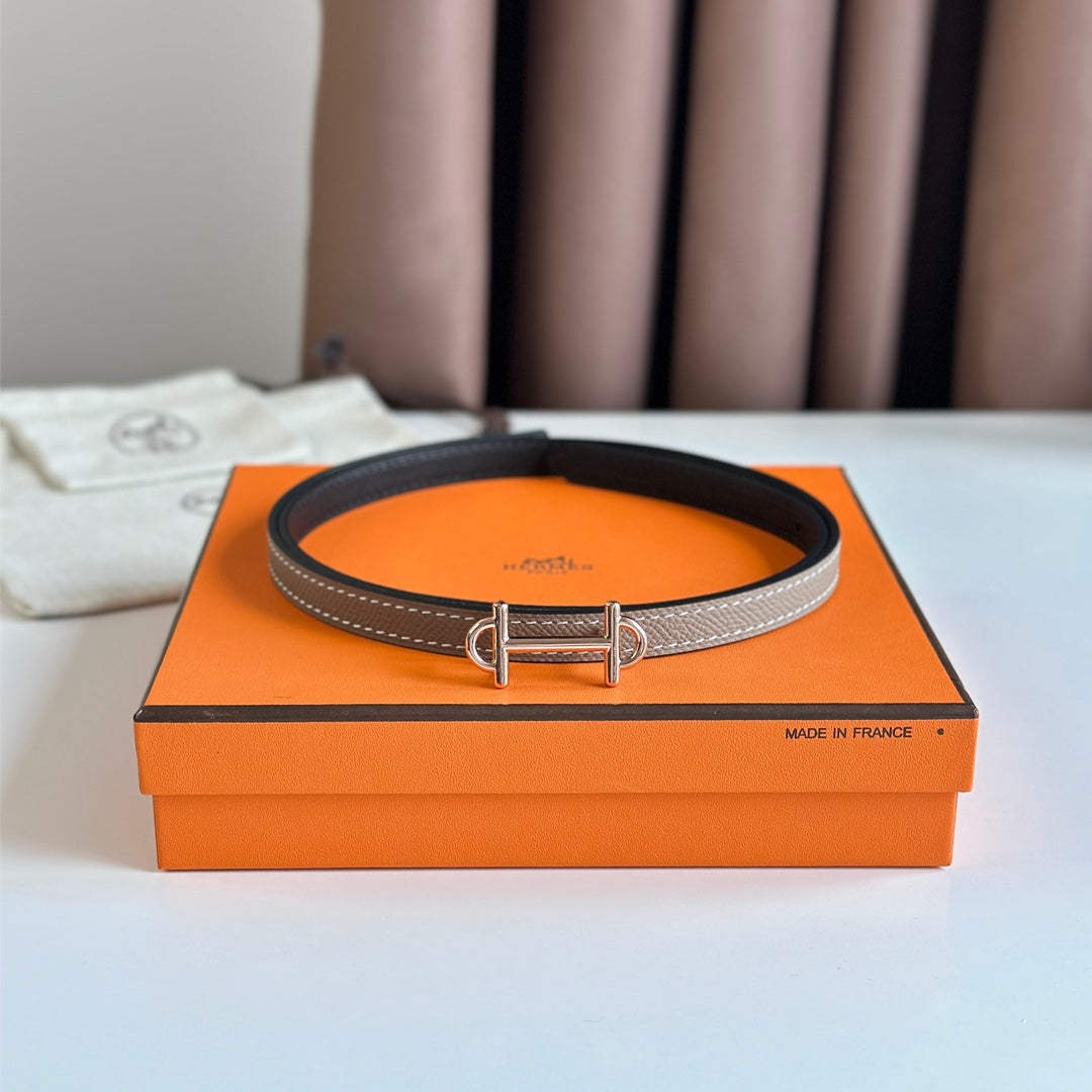 HELENE GAMMA REVERSIBLE LEATHER BELT — KHAKI BROWN & BLACK (COPPER HARDWARE)