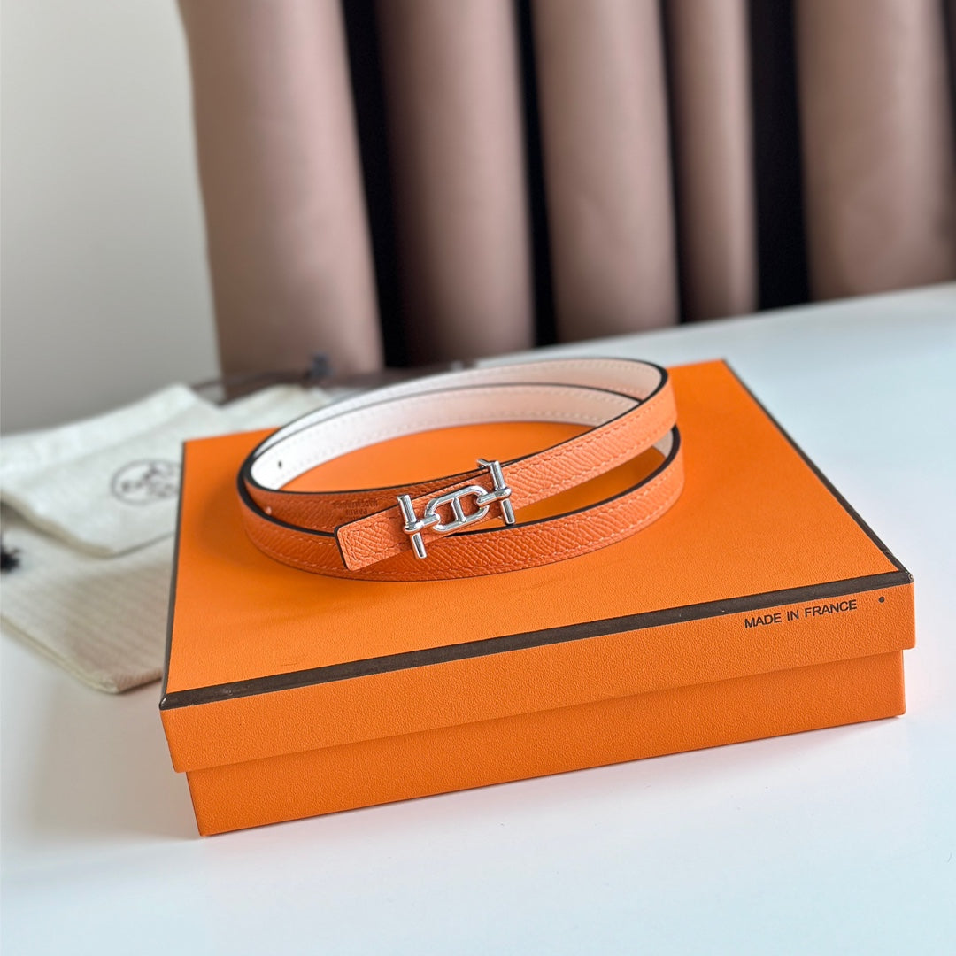HELENE ANCRE REVERSIBLE LEATHER BELT — WHITE & ORANGE (SILVER HARDWARE)