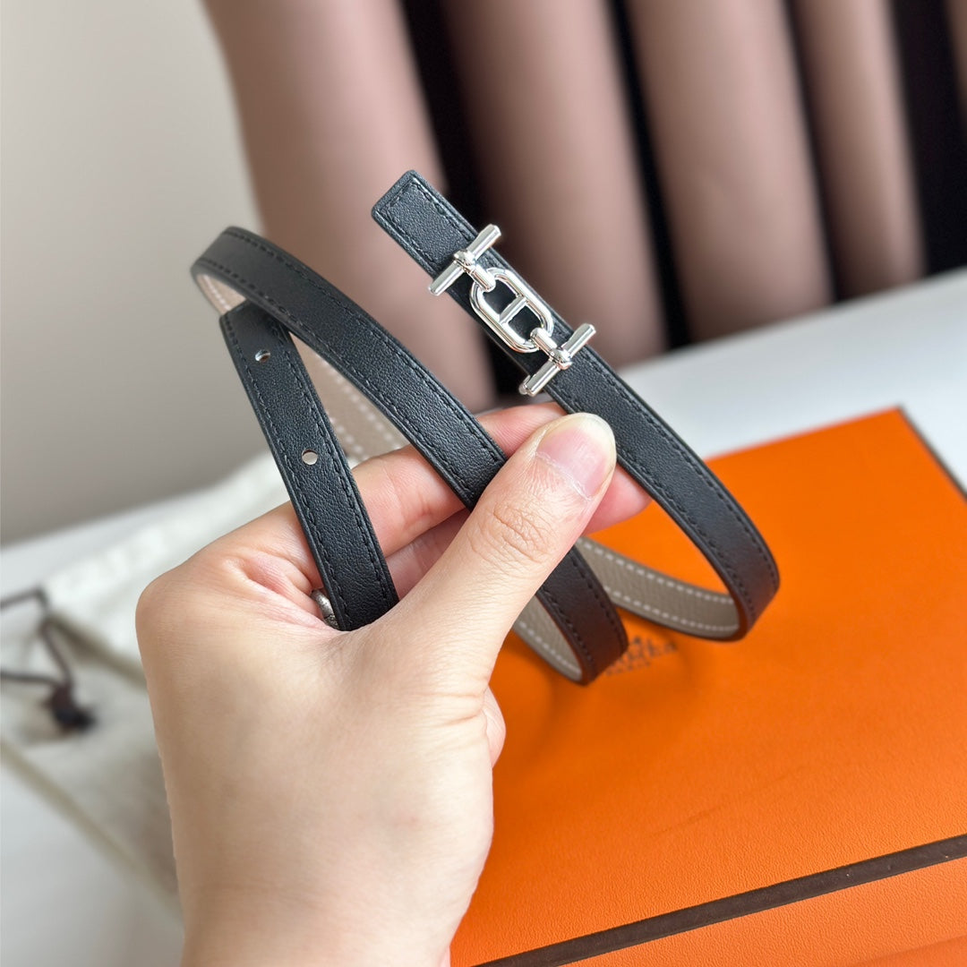 HELENE ANCRE REVERSIBLE LEATHER BELT — BLACK & KHAKI BROWN (SILVER HARDWARE)