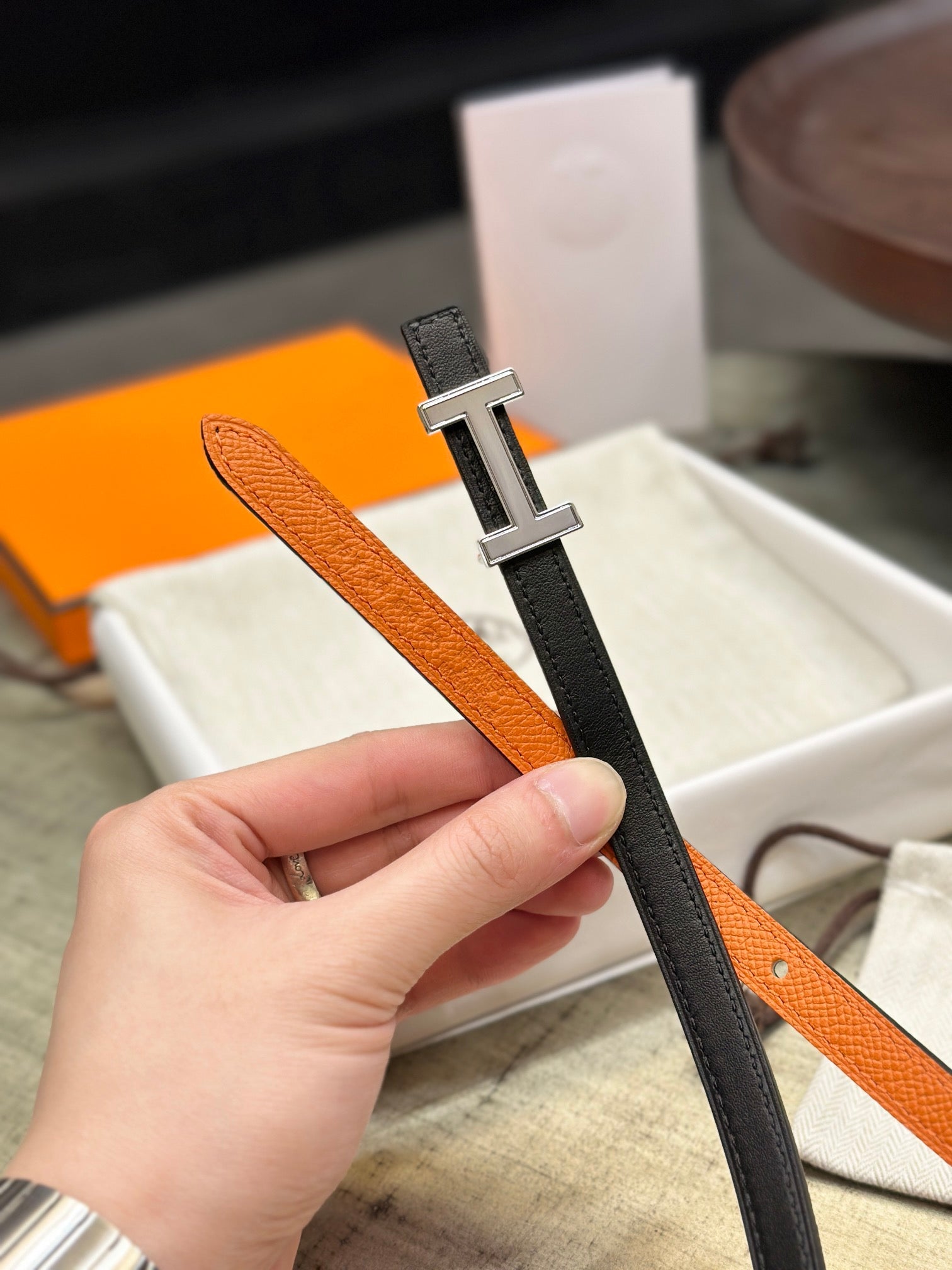 HELENE FOCUS REVERSIBLE LEATHER BELT — ORANGE & BLACK (SILVER HARDWARE)