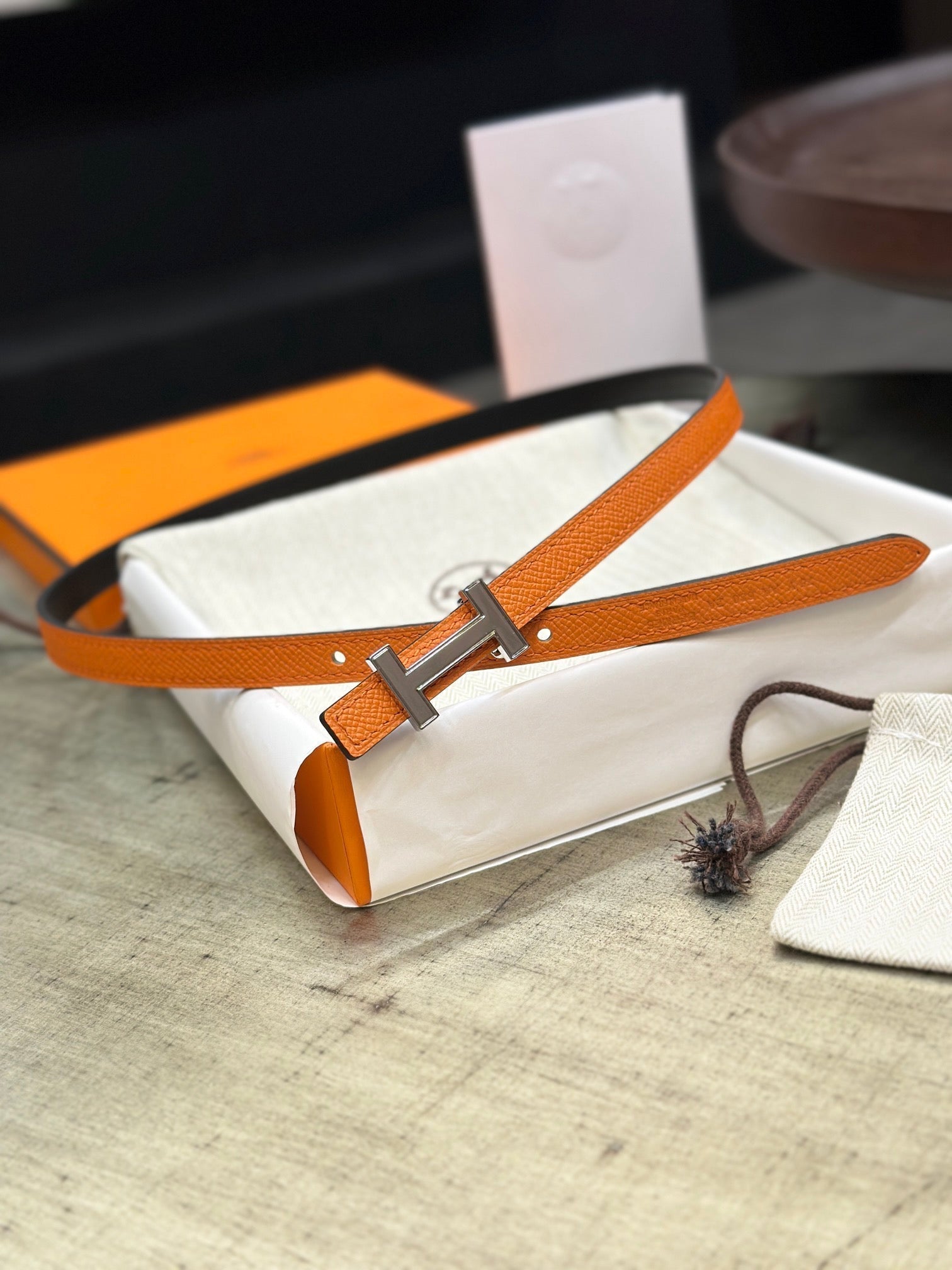 HELENE FOCUS REVERSIBLE LEATHER BELT — ORANGE & BLACK (SILVER HARDWARE)
