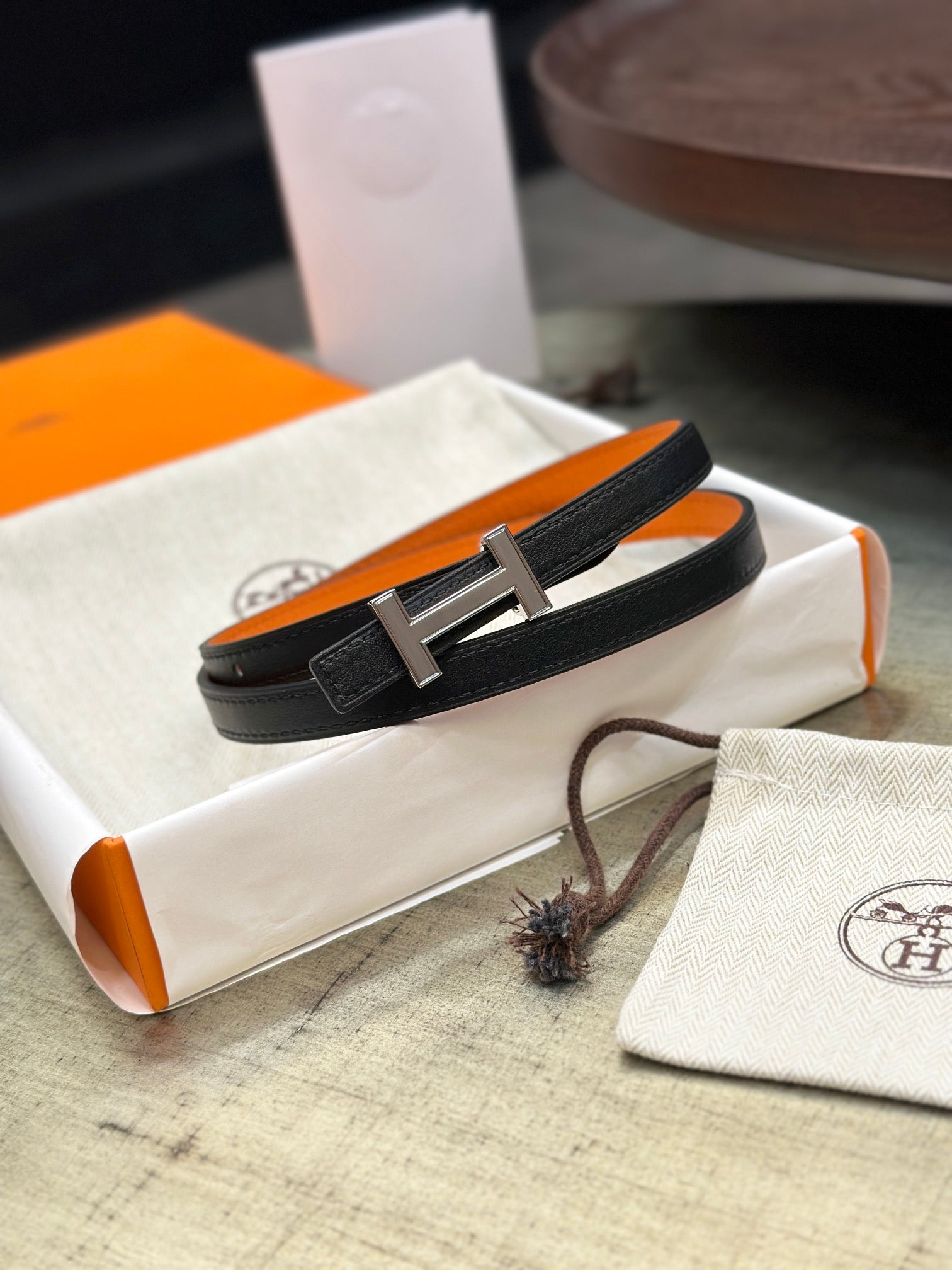 HELENE FOCUS REVERSIBLE LEATHER BELT — ORANGE & BLACK (SILVER HARDWARE)