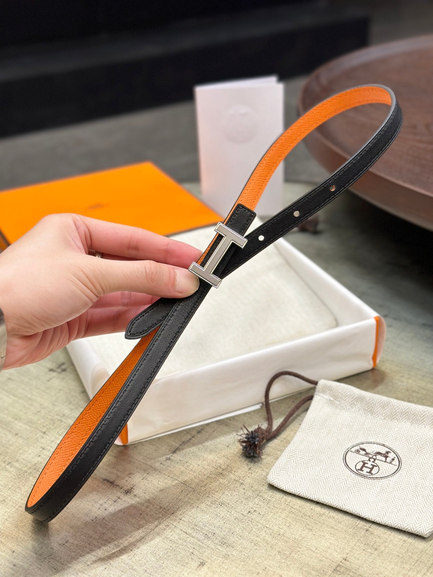 HELENE FOCUS REVERSIBLE LEATHER BELT — ORANGE & BLACK (SILVER HARDWARE)