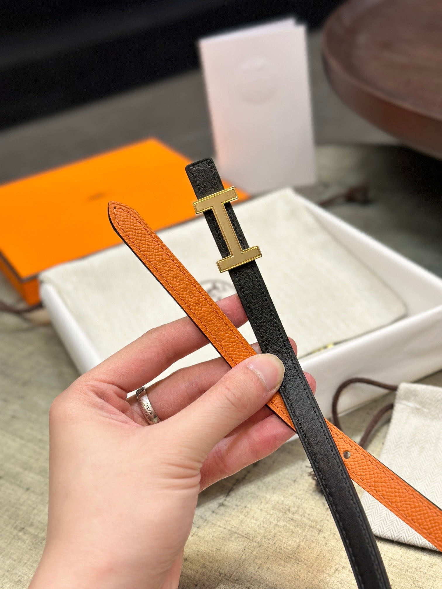 HELENE FOCUS REVERSIBLE LEATHER BELT — BLACK & ORANGE (GOLD HARDWARE)