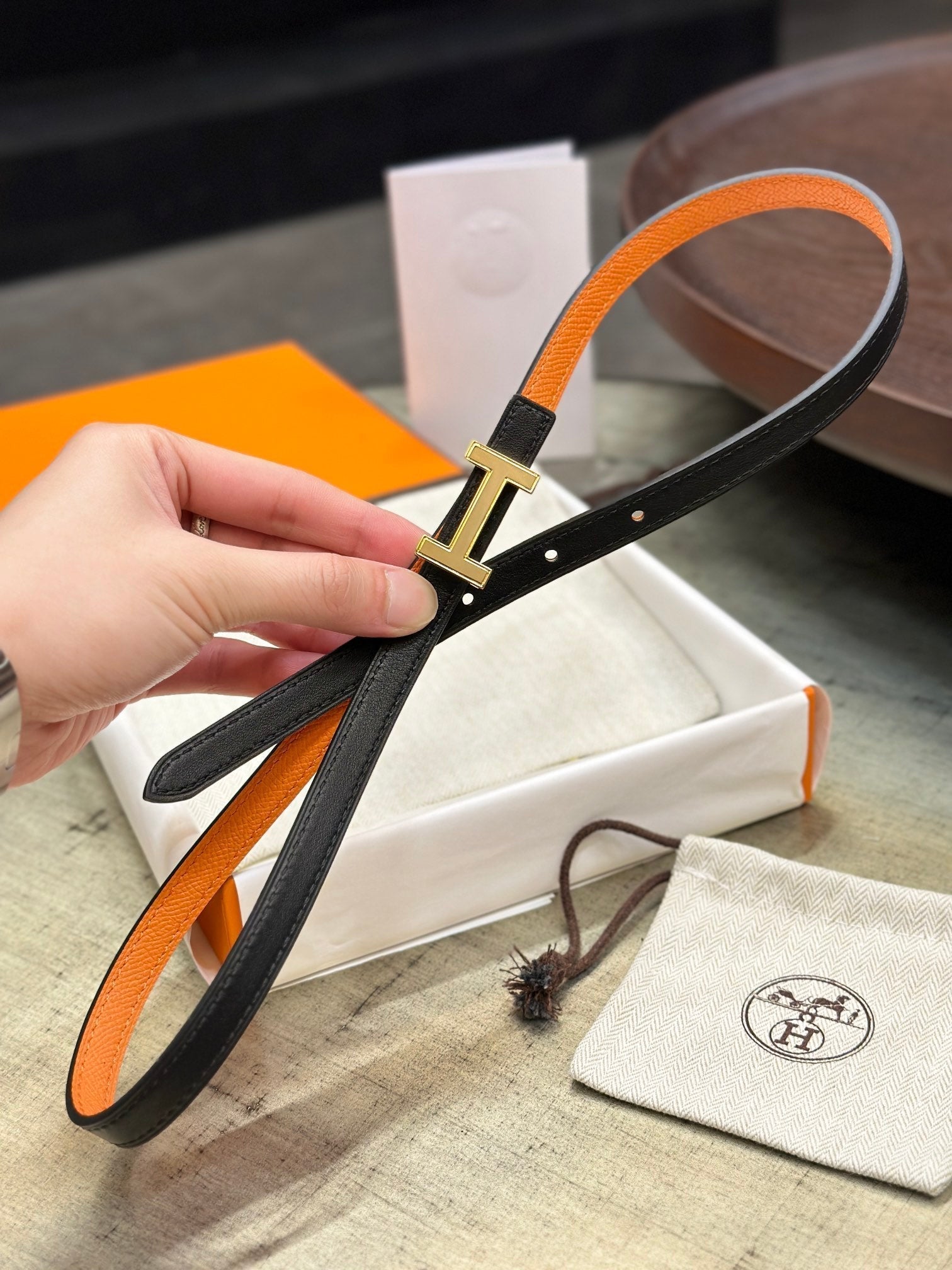 HELENE FOCUS REVERSIBLE LEATHER BELT — BLACK & ORANGE (GOLD HARDWARE)