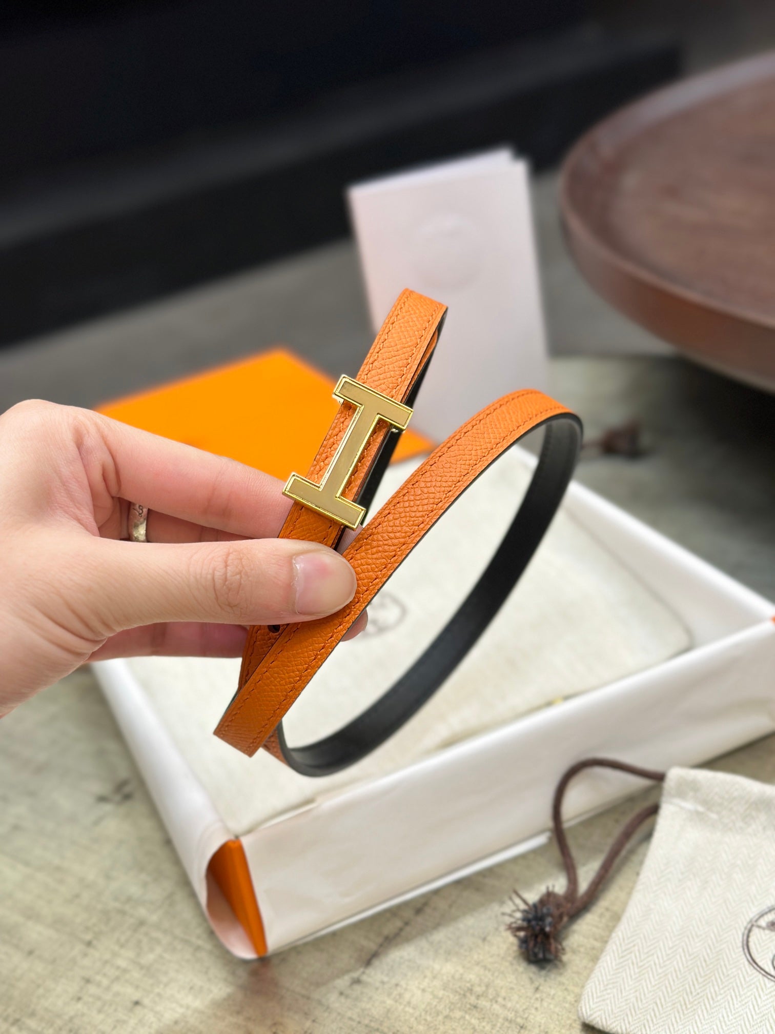 HELENE FOCUS REVERSIBLE LEATHER BELT — BLACK & ORANGE (GOLD HARDWARE)