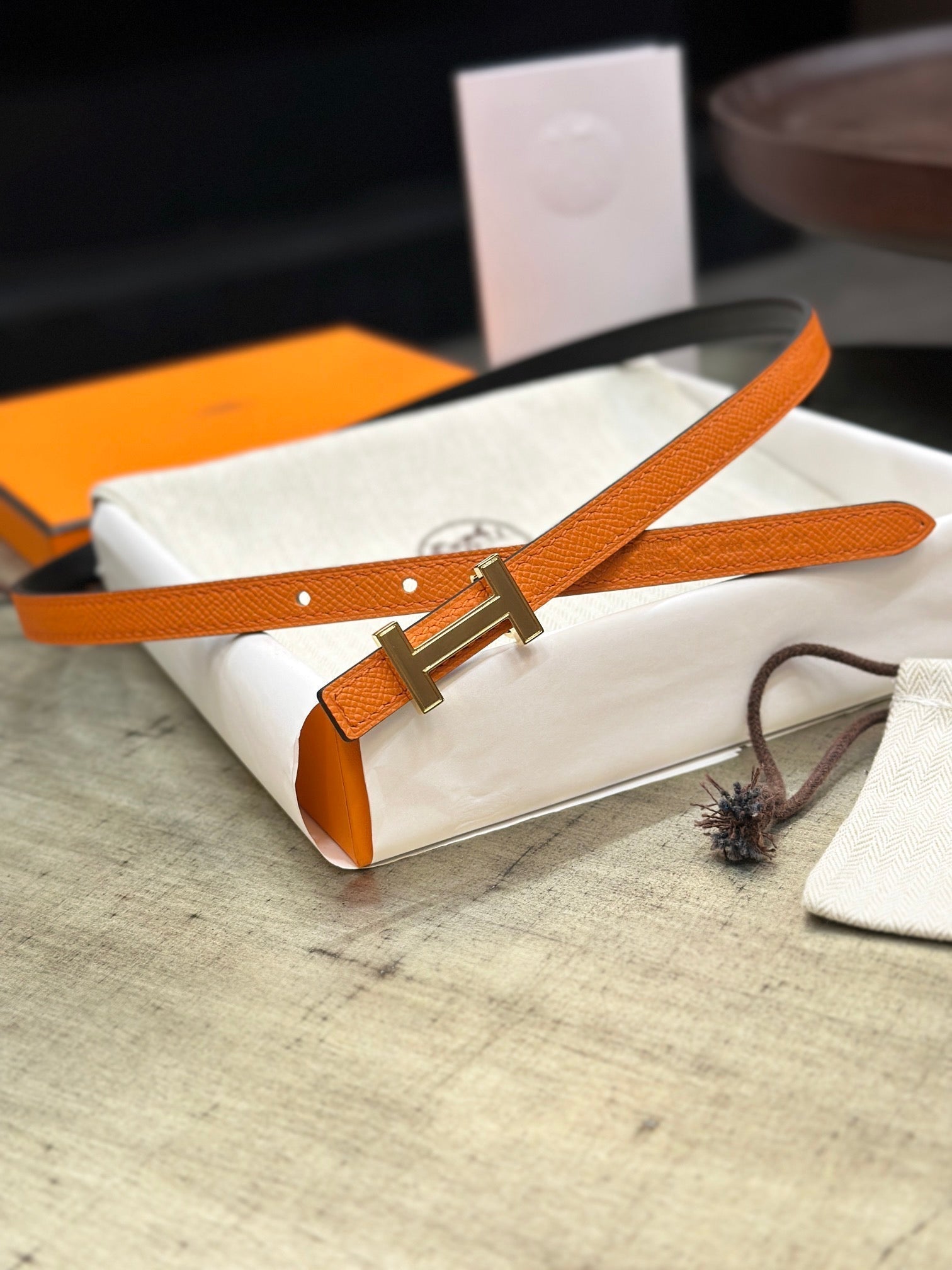 HELENE FOCUS REVERSIBLE LEATHER BELT — BLACK & ORANGE (GOLD HARDWARE)