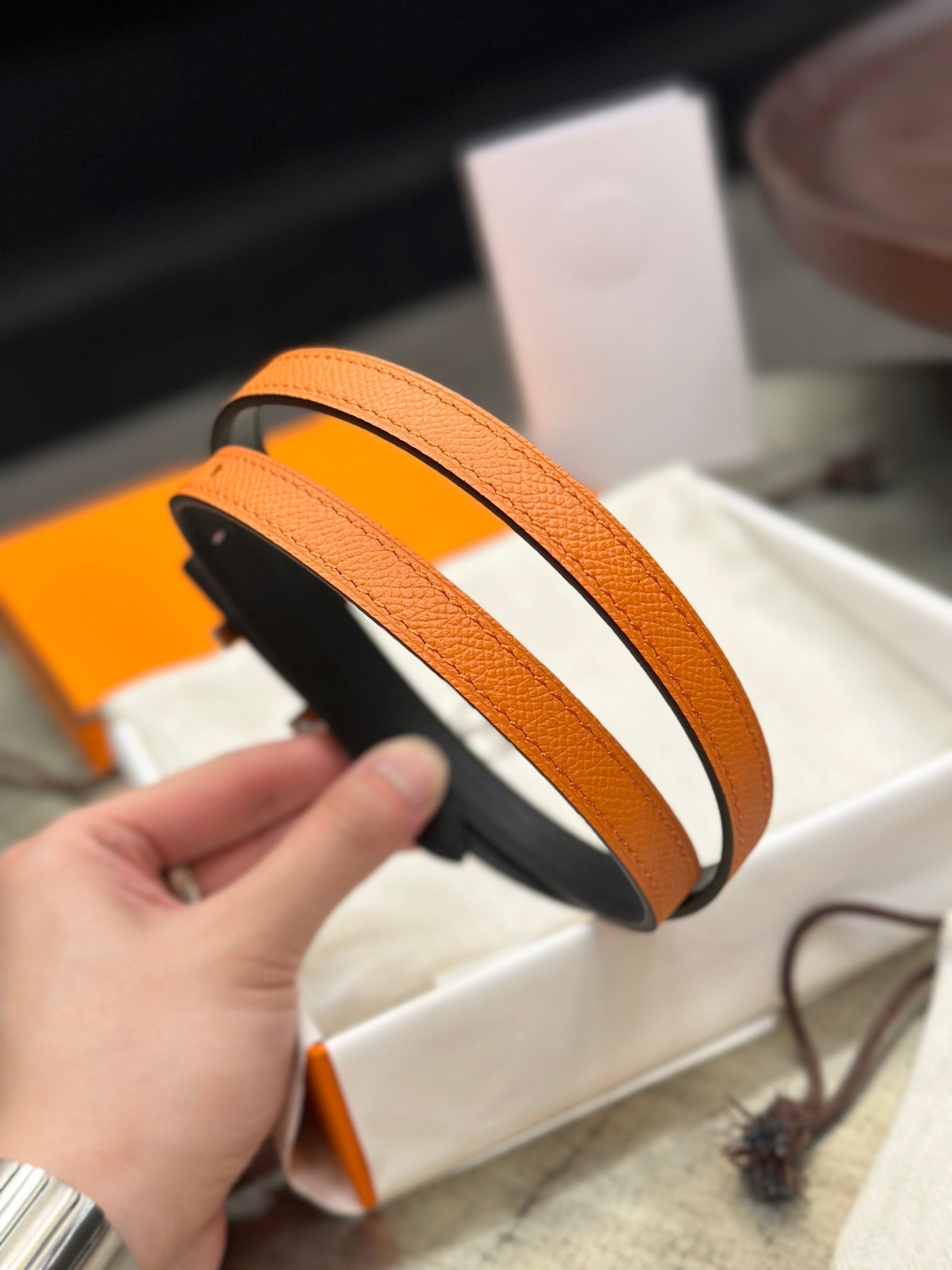 HELENE FOCUS REVERSIBLE LEATHER BELT — BLACK & ORANGE (GOLD HARDWARE)