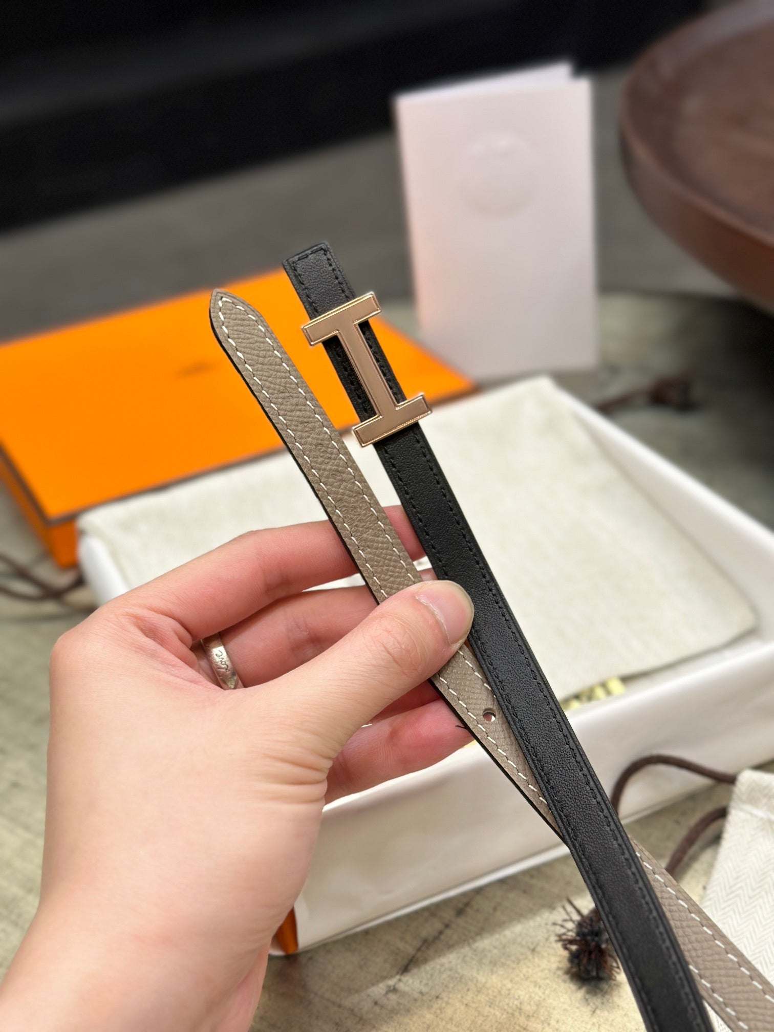 HELENE FOCUS REVERSIBLE LEATHER BELT — BLACK & CAMEL BROWN (COPPER HARDWARE)