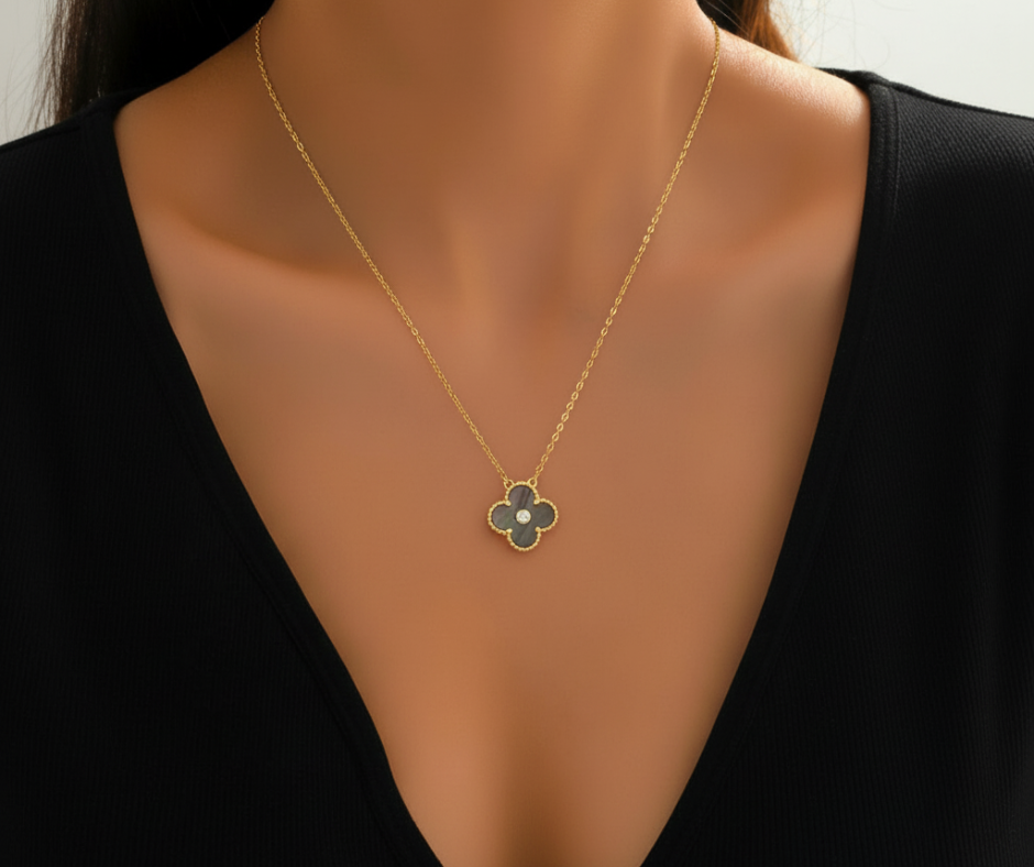 CLOVER 15MM DIAMOND AND MOTHER-OF-GREY NECKLACE