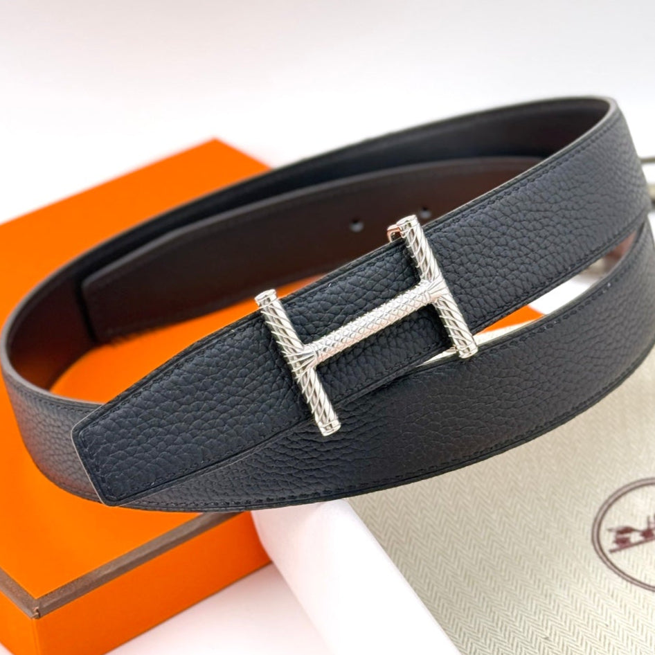 HELENE HISSEO REVERSIBLE LEATHER BELT — BLACK (SILVER HARDWARE, 32MM)