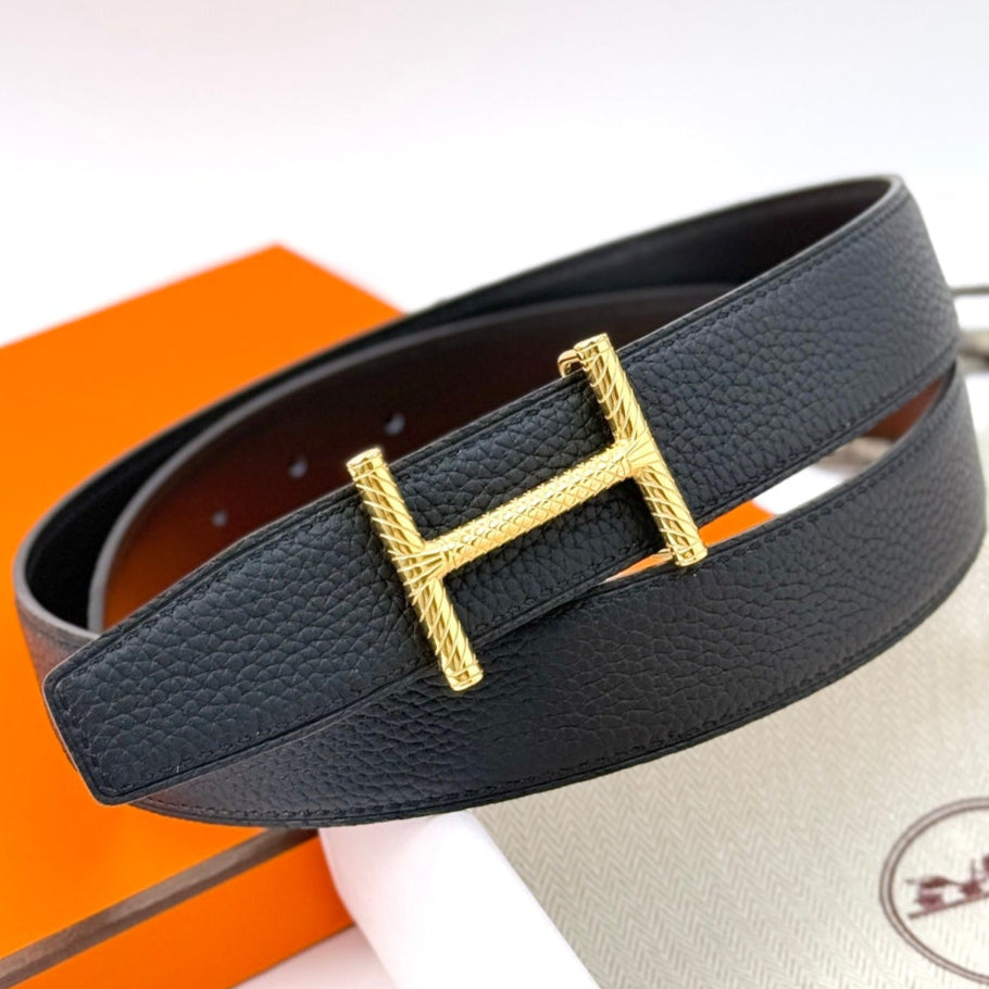 HELENE HISSEO REVERSIBLE LEATHER BELT — BLACK (GOLD HARDWARE, 32MM)