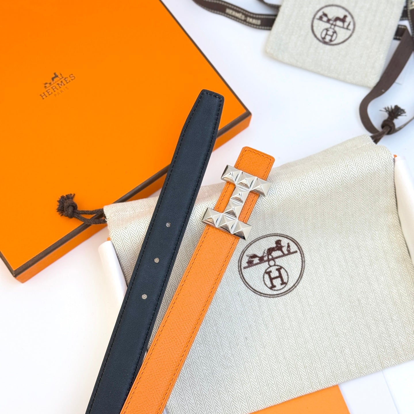 HELENE INFINI REVERSIBLE LEATHER BELT — ORANGE EPSOM (SILVER HARDWARE, 24MM)