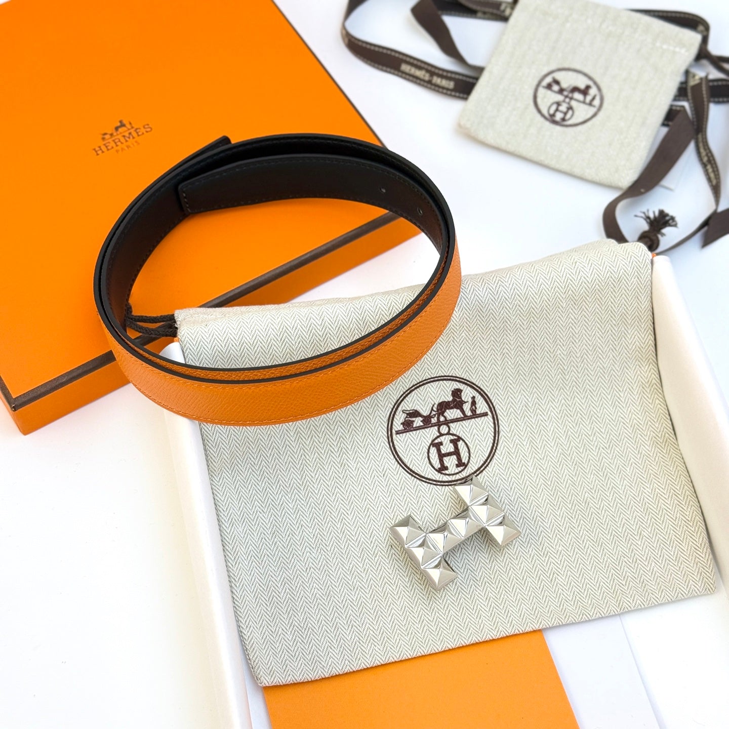 HELENE INFINI REVERSIBLE LEATHER BELT — ORANGE EPSOM (SILVER HARDWARE, 24MM)