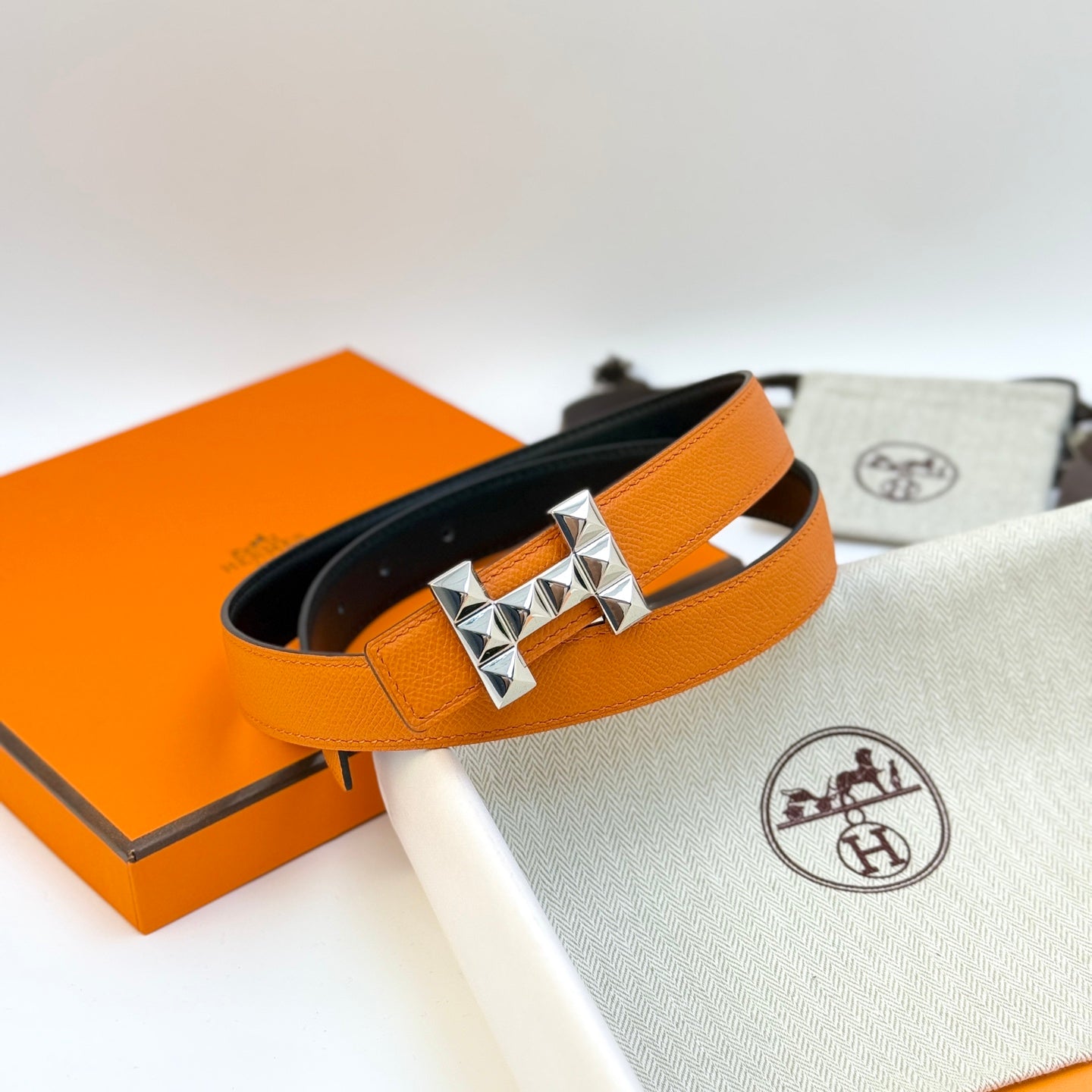 HELENE INFINI REVERSIBLE LEATHER BELT — ORANGE EPSOM (SILVER HARDWARE, 24MM)