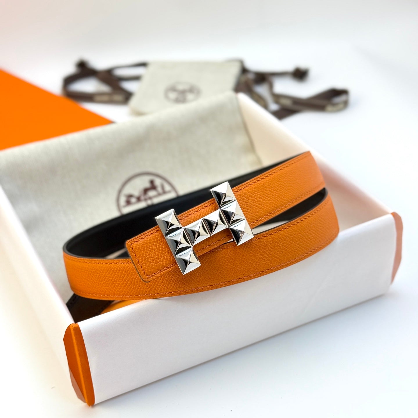 HELENE INFINI REVERSIBLE LEATHER BELT — ORANGE EPSOM (SILVER HARDWARE, 24MM)