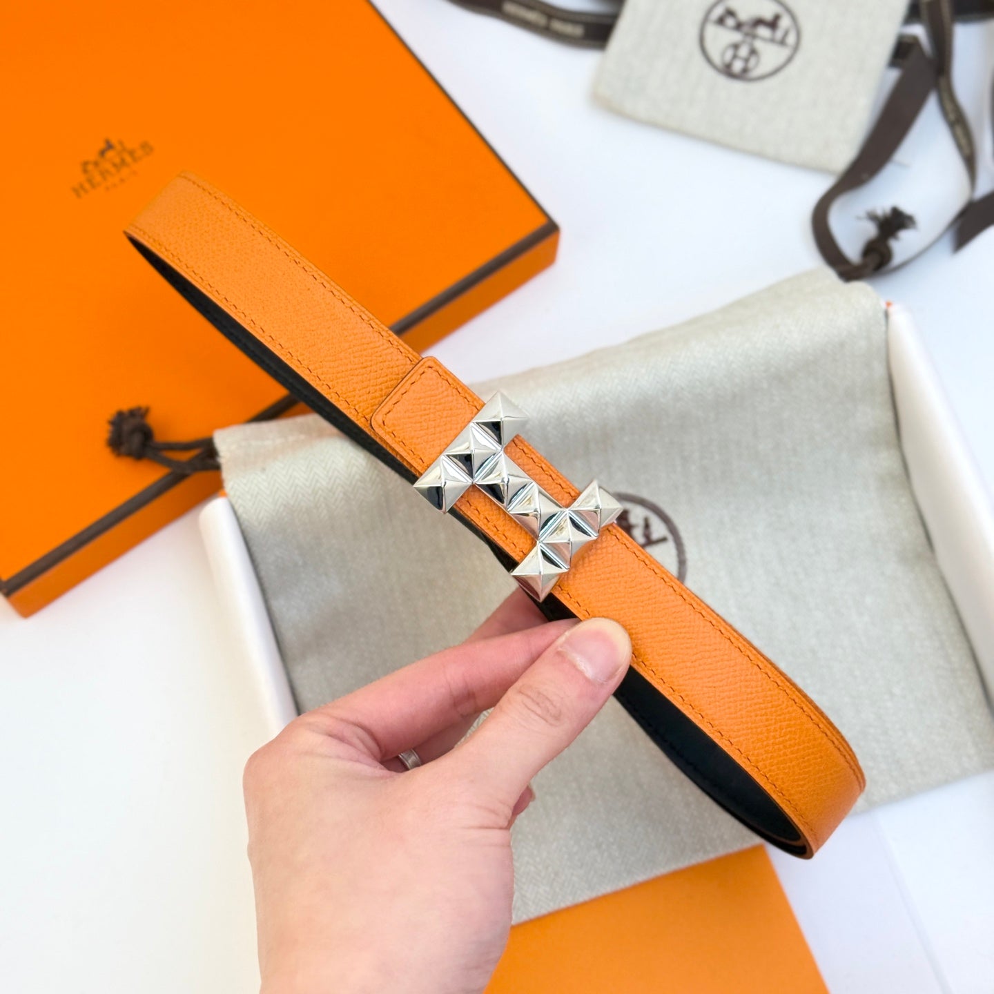 HELENE INFINI REVERSIBLE LEATHER BELT — ORANGE EPSOM (SILVER HARDWARE, 24MM)