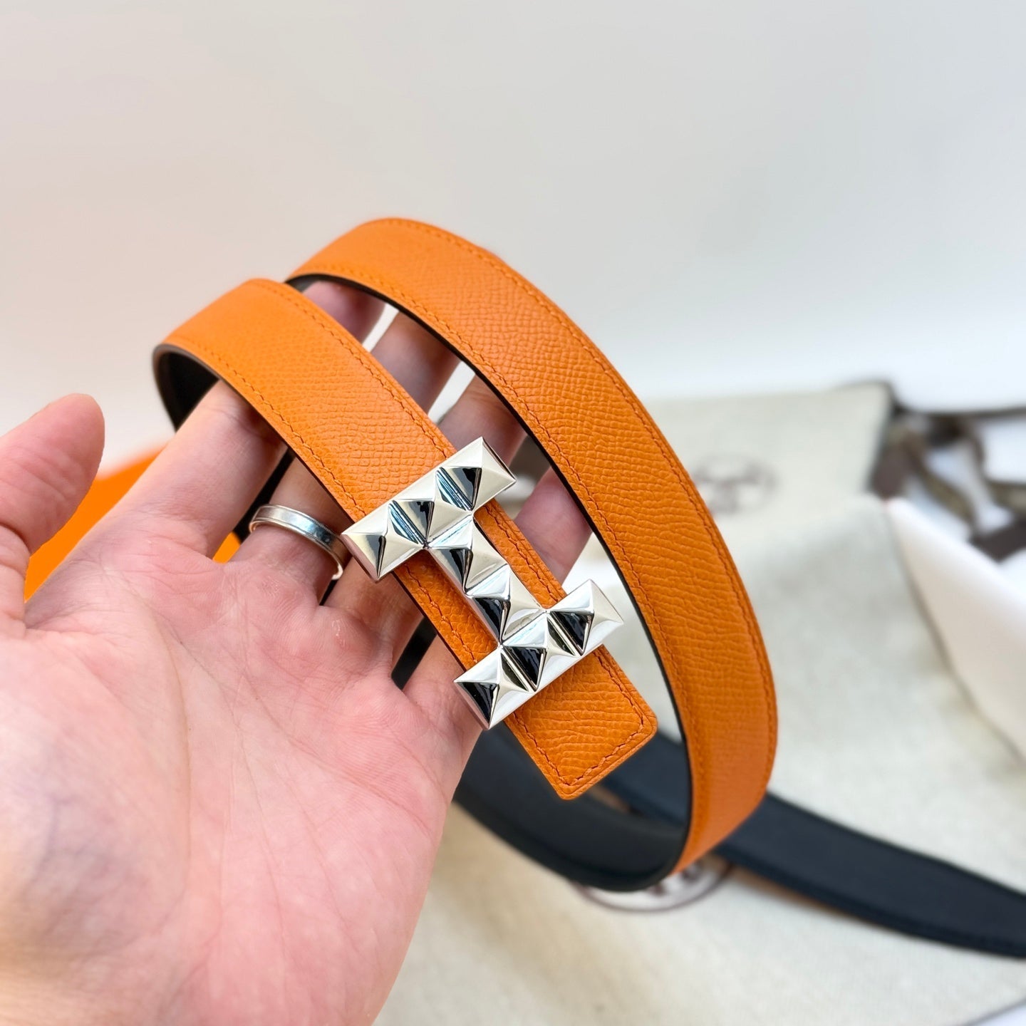 HELENE INFINI REVERSIBLE LEATHER BELT — ORANGE EPSOM (SILVER HARDWARE, 24MM)