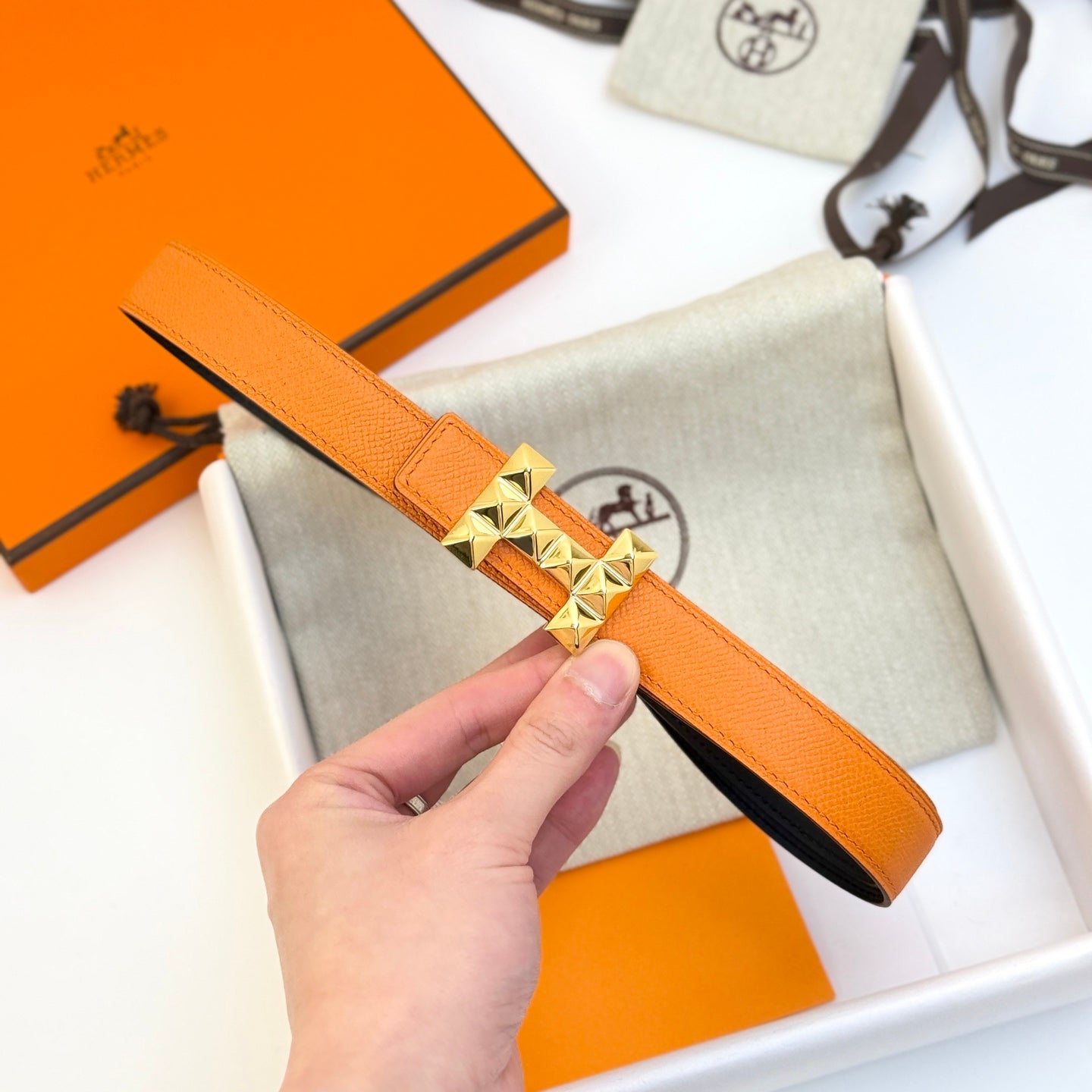 HELENE INFINI REVERSIBLE LEATHER BELT — ORANGE EPSOM (GOLD HARDWARE, 24MM)