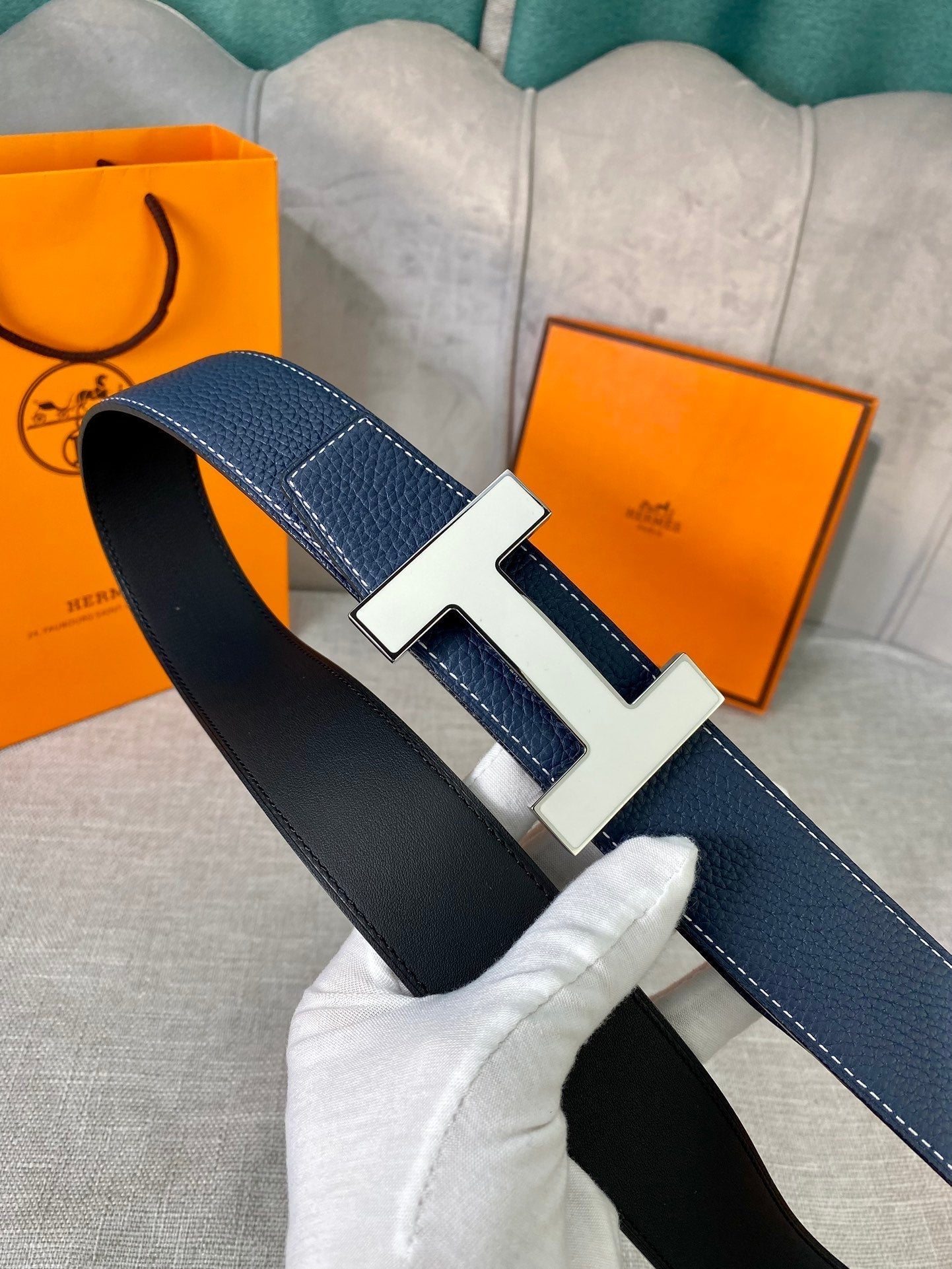 HELENE CONSTANCE REVERSIBLE LEATHER BELT — NAVY BLUE (SILVER HARDWARE, 38MM)