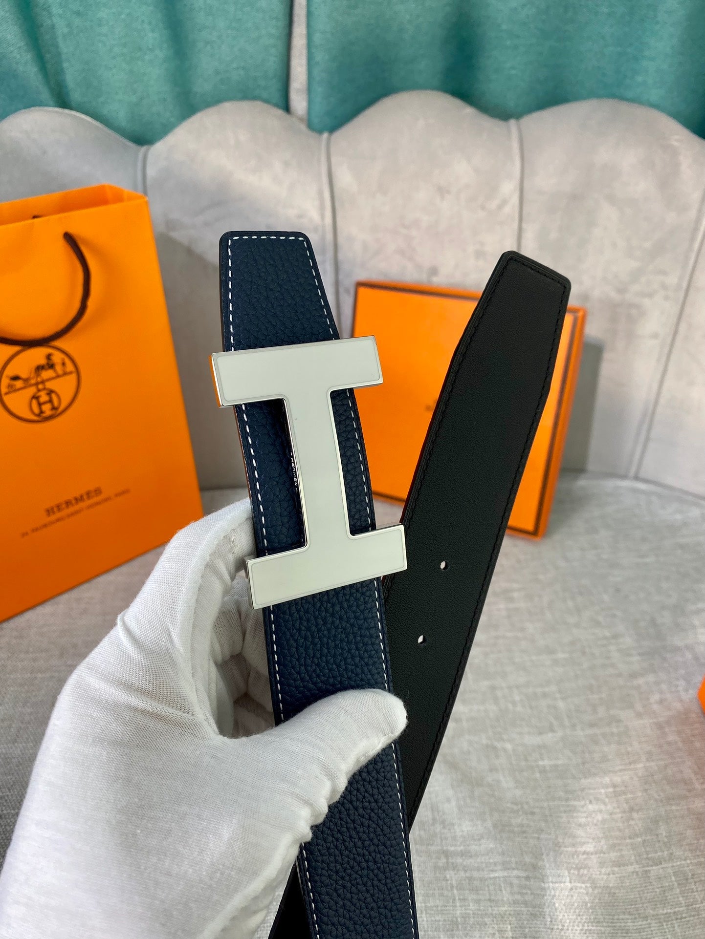 HELENE CONSTANCE REVERSIBLE LEATHER BELT — NAVY BLUE (SILVER HARDWARE, 38MM)